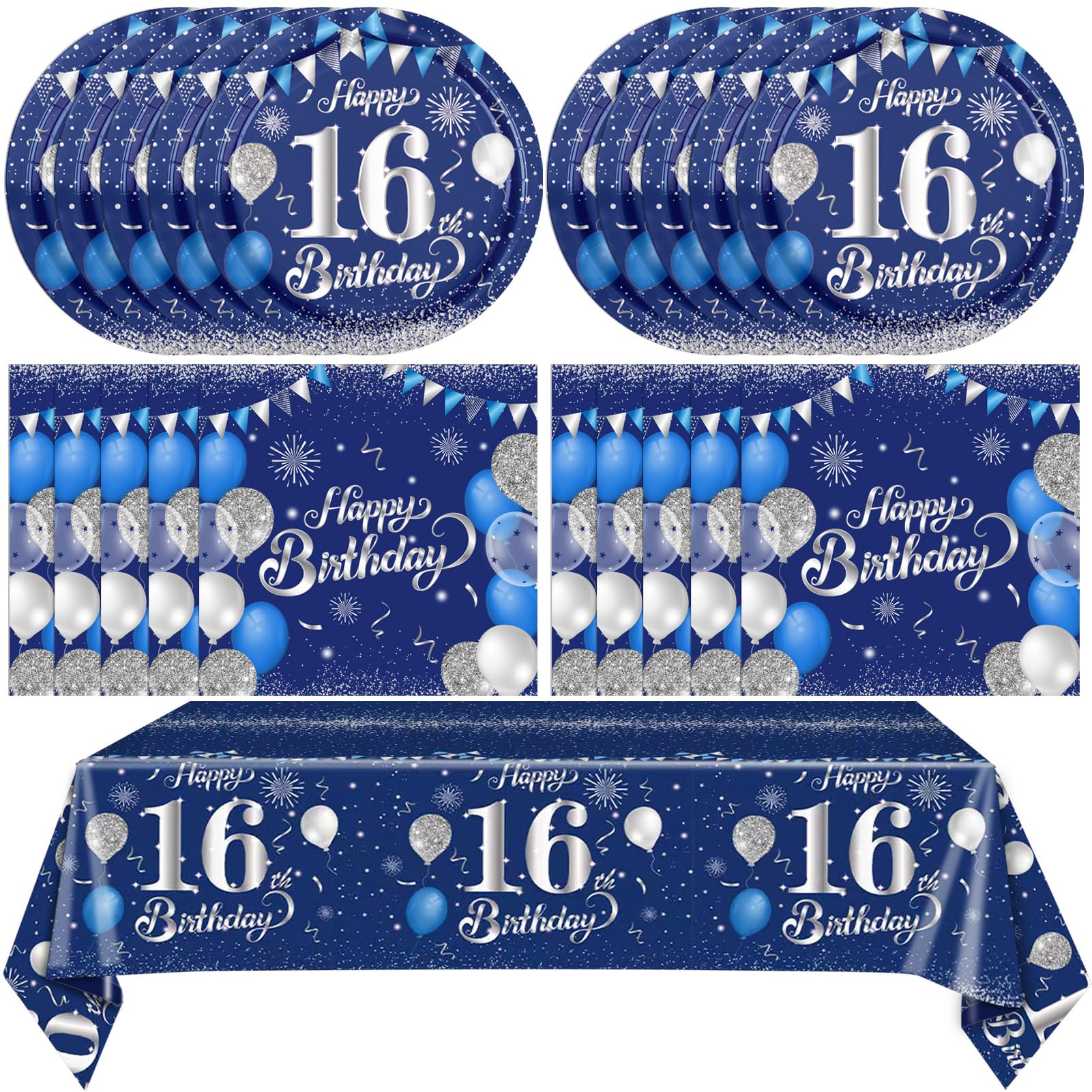 41PCS 16th Birthday Decorations for Boys Navy Blue Silver 16 Years Old Birthday Decorations Sweet 16 Plates Napkins Tablecloth for Boys Girls 16th