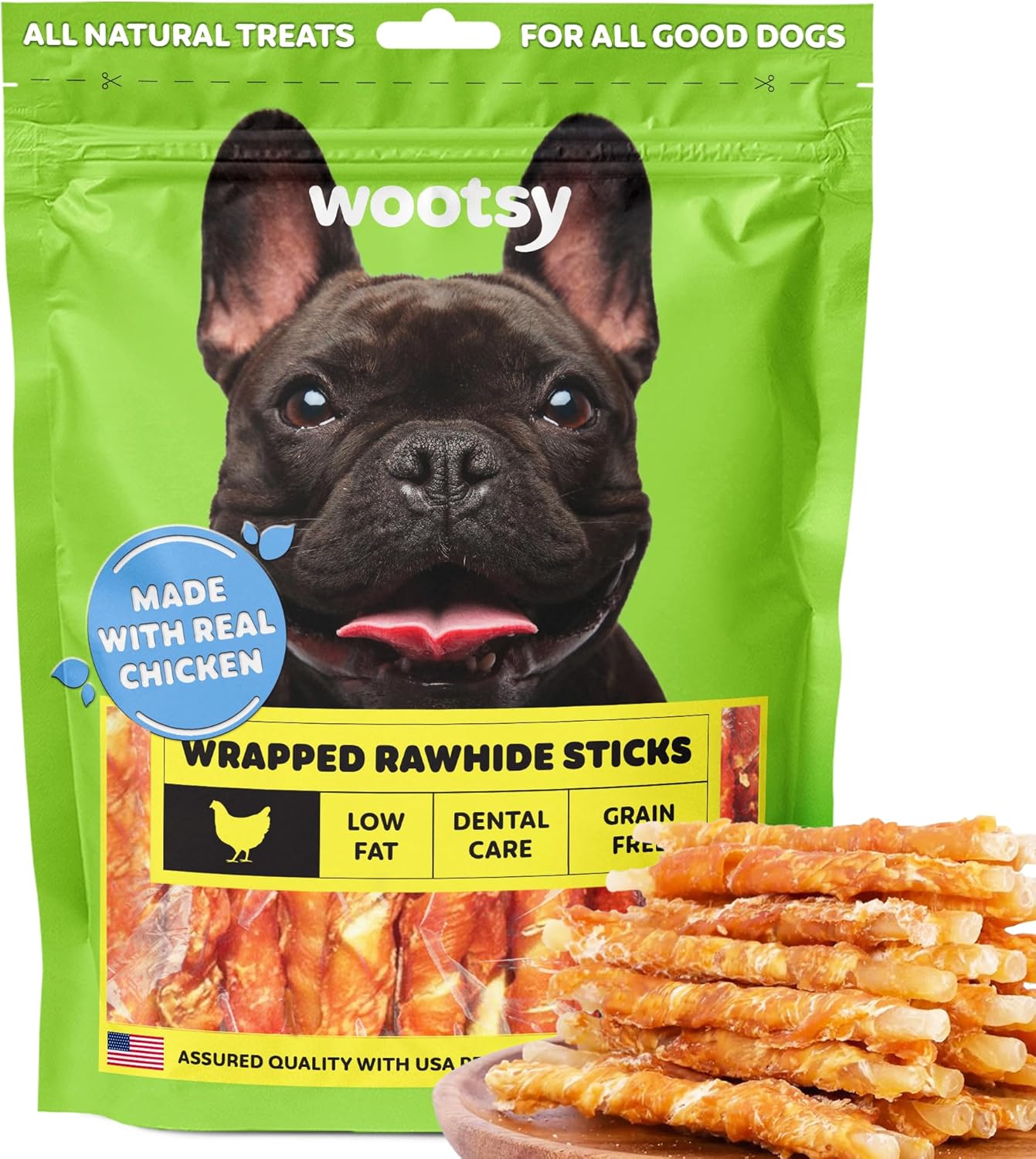 Wootsy Chicken Wrapped Rawhide Sticks Supports Dental Health Dog Treats, Grain