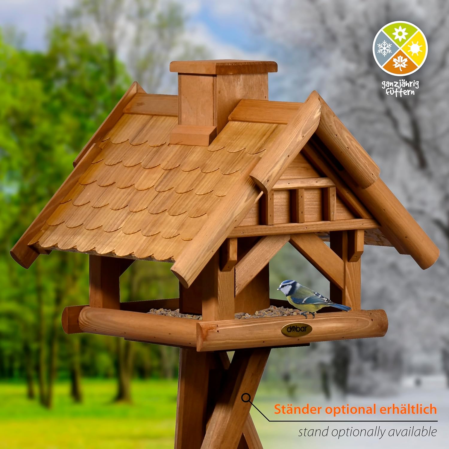 dobar® Green Label Large Bird House Leaf Fall for Stand Mounting - Feeding Station for Wild Birds - Wild Bird Feeding Station - 39 x 39 x 35 cm - Brown