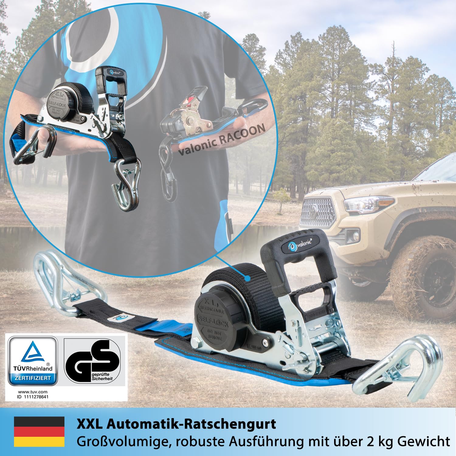 valonic Grizzly - 2X 5m XXL Automatik Spanngurt mit Haken, gepolstert, Blaue Fahne, 35mm, 800/1600Kg, TÜV Rheinl. / GS, EN 12195-2 - Spanngurte mit Ratsche, Zurrgurte für Motorrad, Auto, schwarz