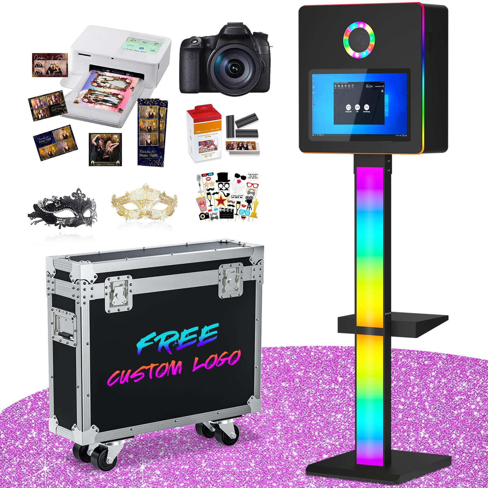 Mirror Photo Booth with 15.6 Interactive Touch Screen DSLR Photo Booth with Flight Case Remote Control RGB Mood Light Instant Print and Share for Professional Party Photography (Black)