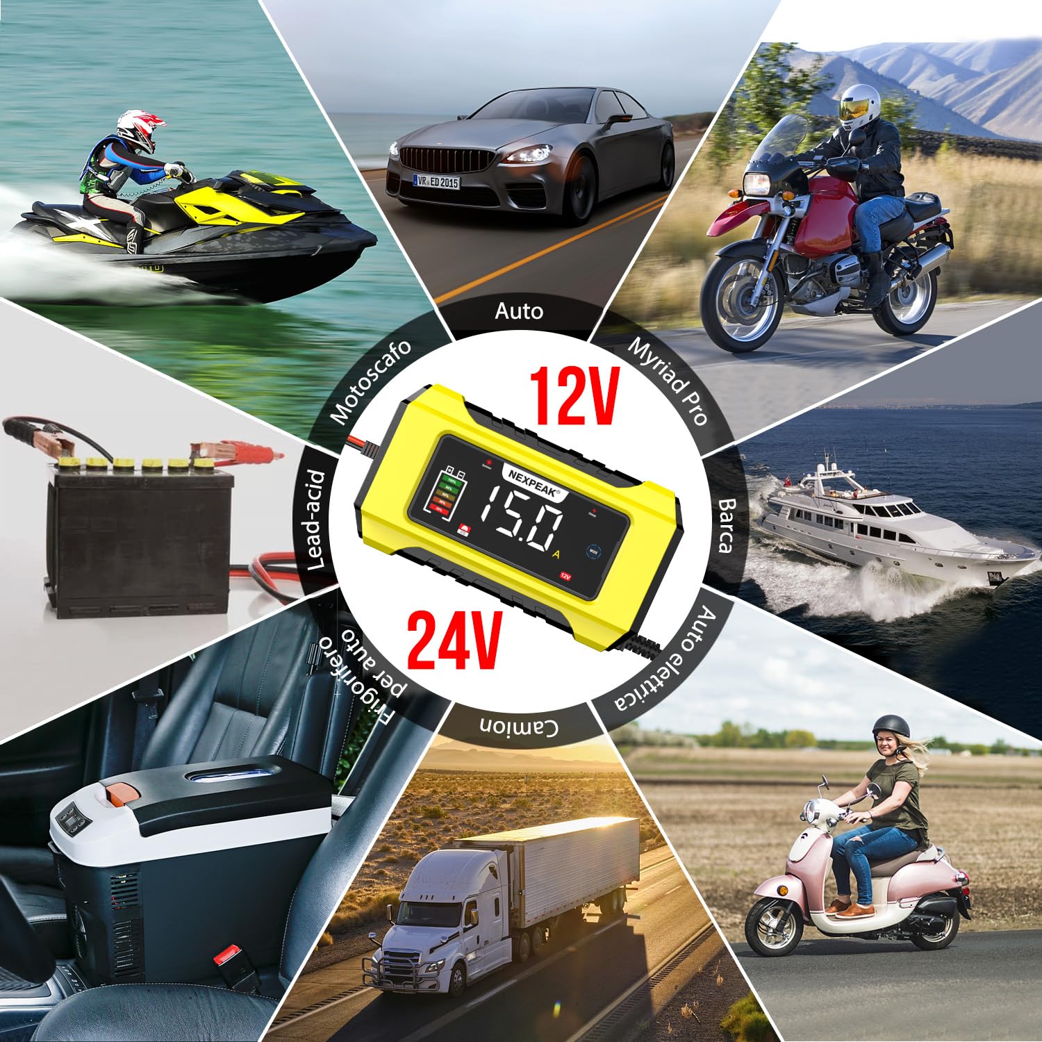 15A Caricabatterie per Auto, NEXPEAK 12V 15A/24V 8A Caricabatterie Intelligente con Compensazione Della Temperatura per Auto, AGM, Gel, Wet, SLA per Batterie Piombo-acido e LiFePO4
