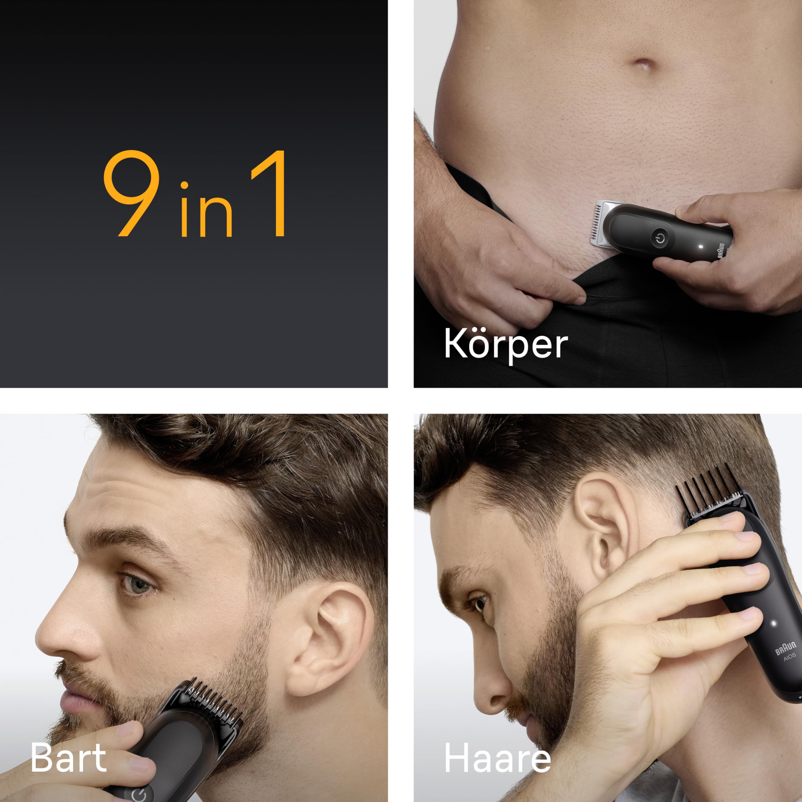 Braun All-in-One Trimmer-Set 5, 9-in-1 Multigroom, Barttrimmer, Haarschneidemaschine für Gesicht, Kopf und Körper, 120 Min Akku, 14 Längen (0.5–21 mm), Wasserdicht, AIO5540, Schwarz