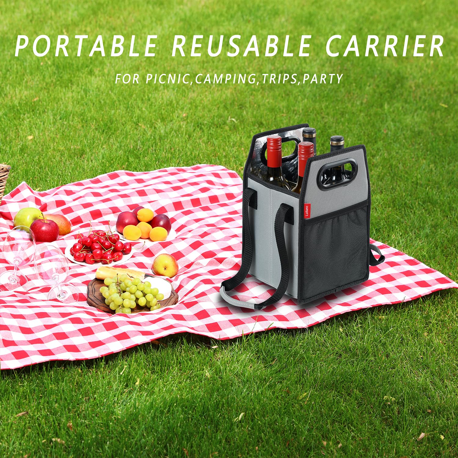 Portabotellas plegable reutilizable con correa para 6 botellas (gris, 4 botellas)