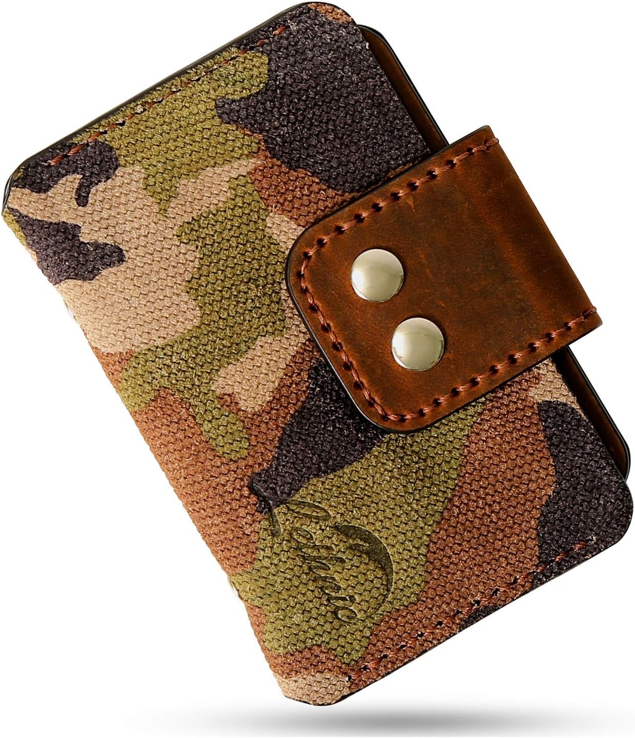 Lethnic Tactical Minimalist Wallet, Modern Slim & Small Embossed Italian Genuine Cowhide Leather Horizontal (Military)