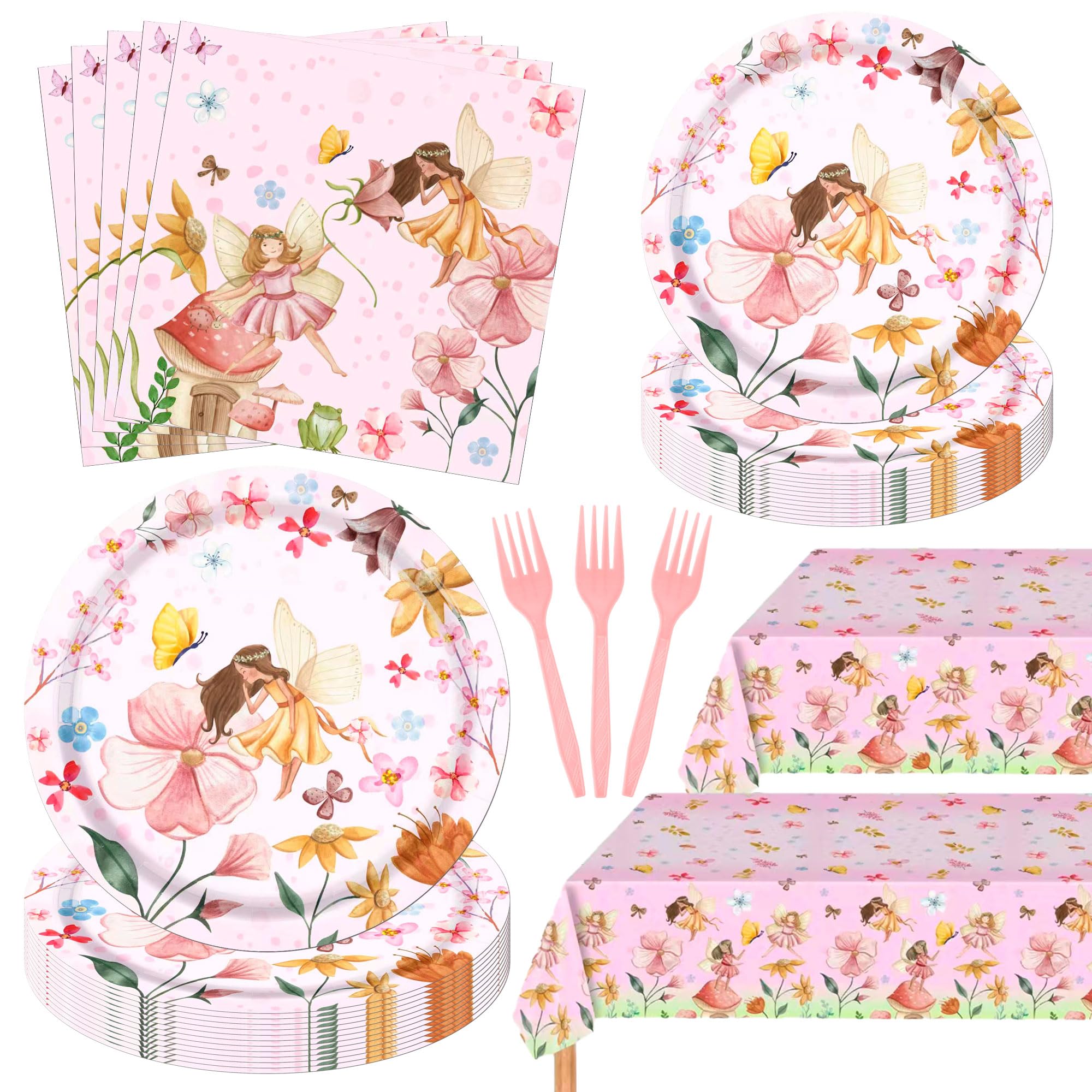 Fairy Birthday Decorations, 98Pcs Garden Party Decorations Fairy Plates and Napkins with Table Cloth for Garden Baby Shower Girl First 2nd Birthday Party Tea Party Serves 24
