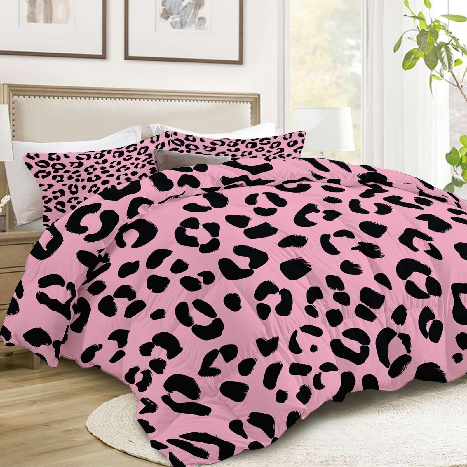 Generico Trapunta Stampa 140 x 200 cm Semplice Fantasia Leopardata Completo copripiumino Matrimoniale/Singolo in Microfibra Morbida – Traspirante, Anallergica & Lavabile – Trapuntatura a Rombi, Rosa
