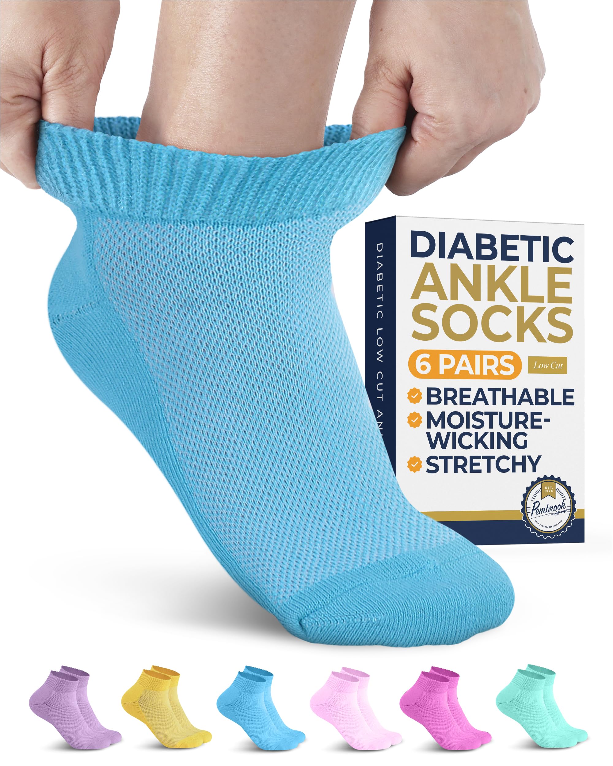 Pembrook Ankle Diabetic Socks for Women and Men - 6 Pairs | Low Cut Neuropathy Socks for Women | Smooth Toe Seams