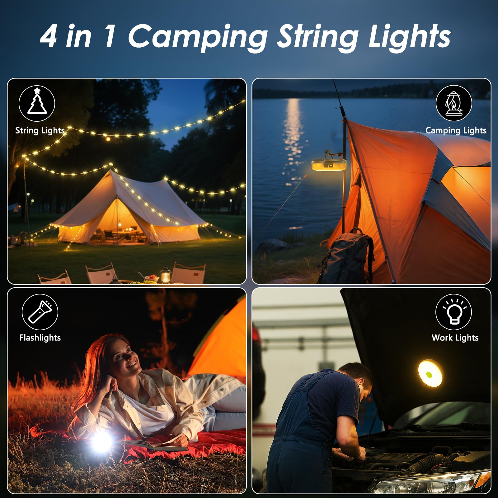 2Pack Camping String Lights 4-in-1 Quick Storage Camp Light 8Mode 32 8FT Hanging Tent Lights Rechargeable Camp Lamp — view 2