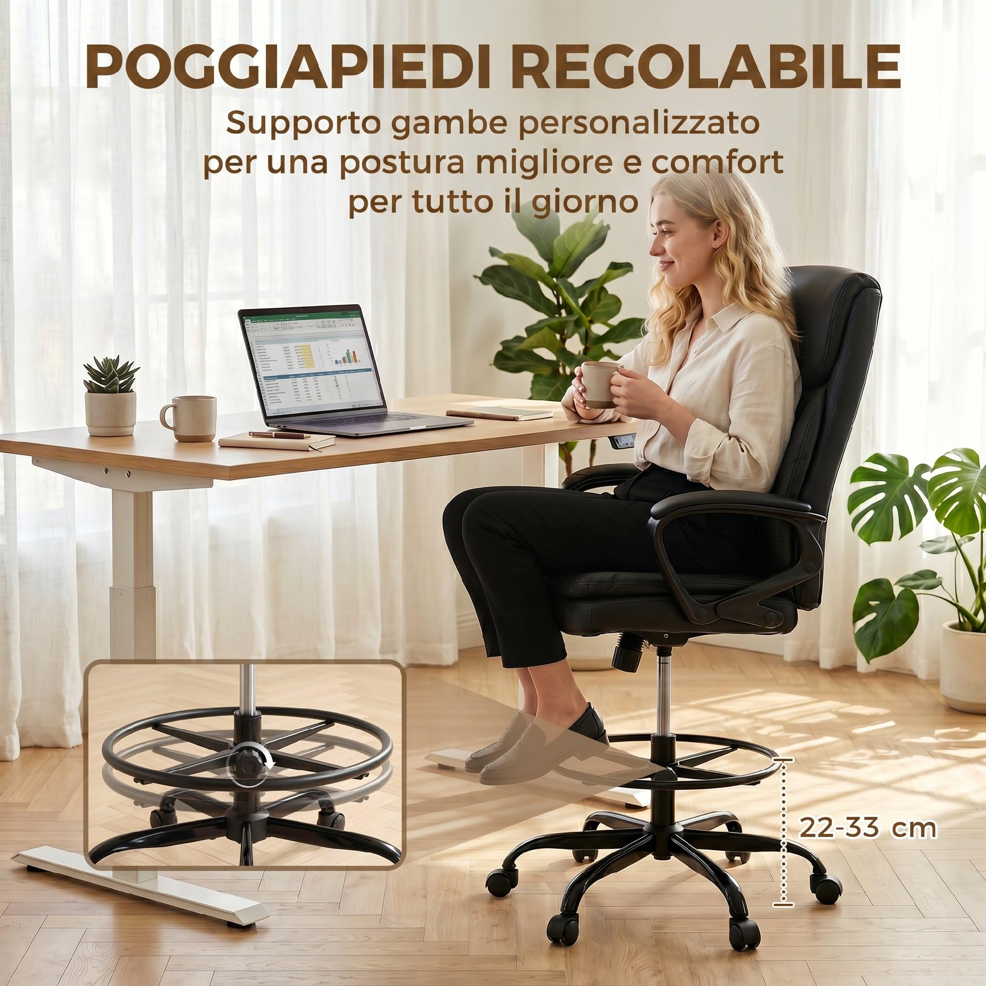 Vinsetto Sedia Ufficio Altezza e Anello con Poggiapiedi Regolabili Nero