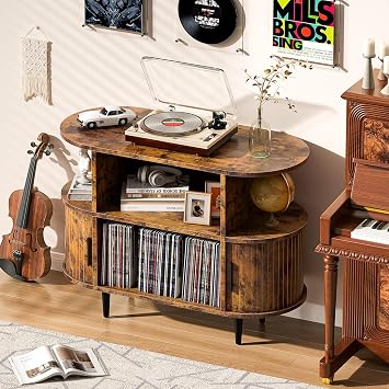 Large Record Player Stand with Storage and Shelves, Brown