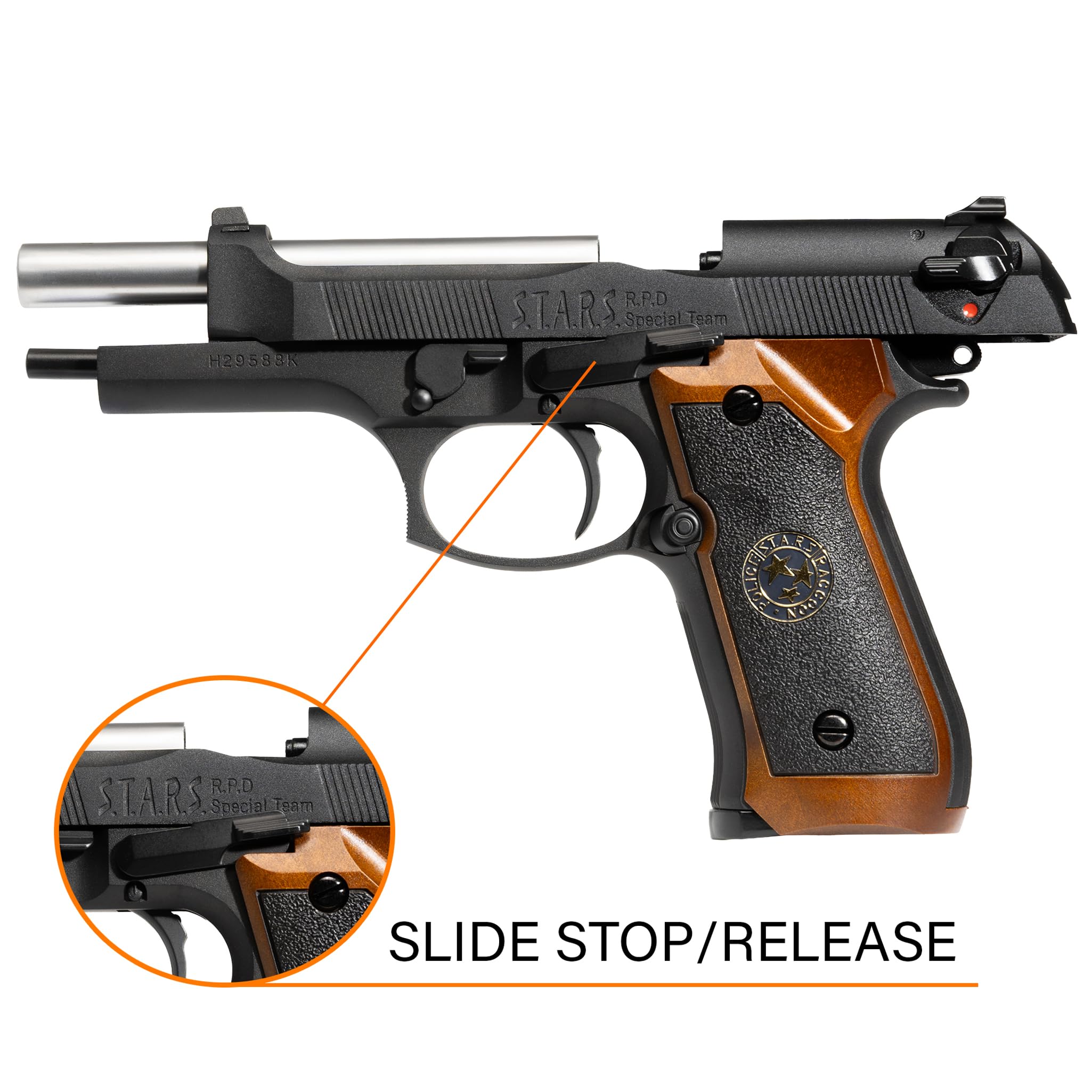 Pistola gas scarrellante softair M92 full metal, POTENZA 0,9 JOULE, calibro 6mm, caricatore 27 colpi, hop-up regolabile, sicura/semi-auto, 220mm 950g