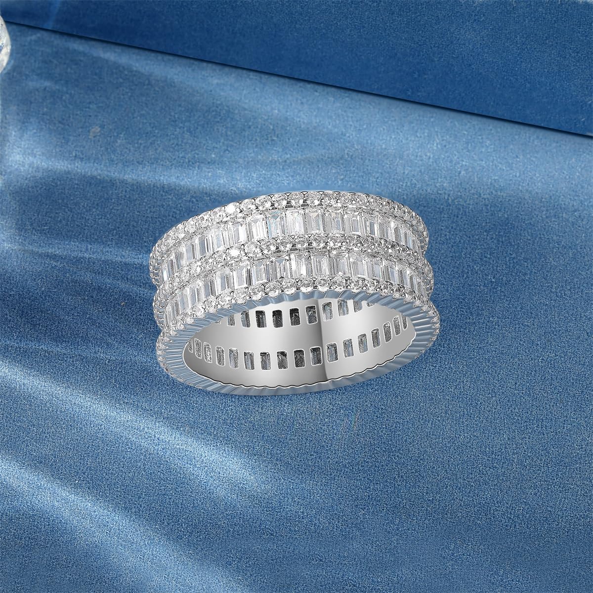 MDFUN 18K White Gold Plated Halo Eternity Rings Wedding Bands 2 Rows Emerald Cut Cubic Zirconia Statement for Women Rings Size 5-10 - Image 4