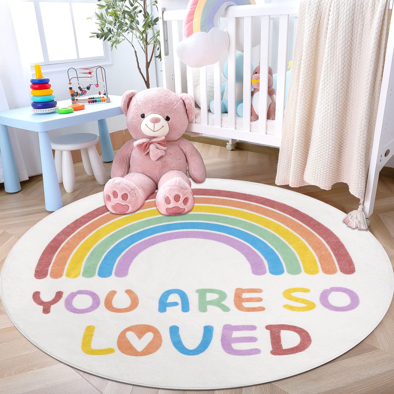 Enyhom Tappeto rotondo da 120 cm, motivo arcobaleno, per cameretta dei bambini, morbido, antiscivolo, lavabile in lavatrice, per gattonare