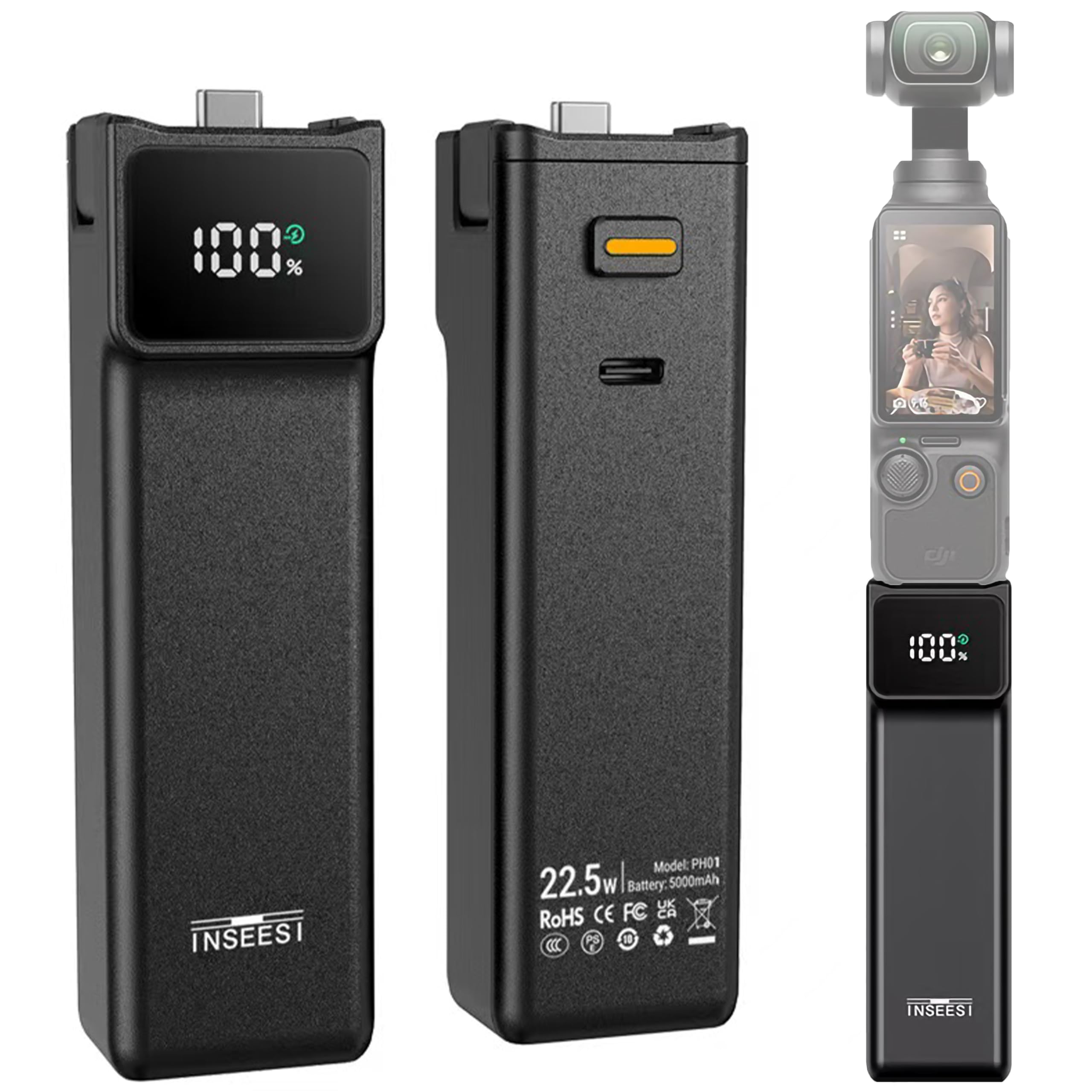 NENNEN Pocket 3 Battery Handle Compatible with DJI Osmo Pocket 3 Creator Combo, with Digital Screen, Built-in 5000mAh Battery, Reserved 1/4” Thread