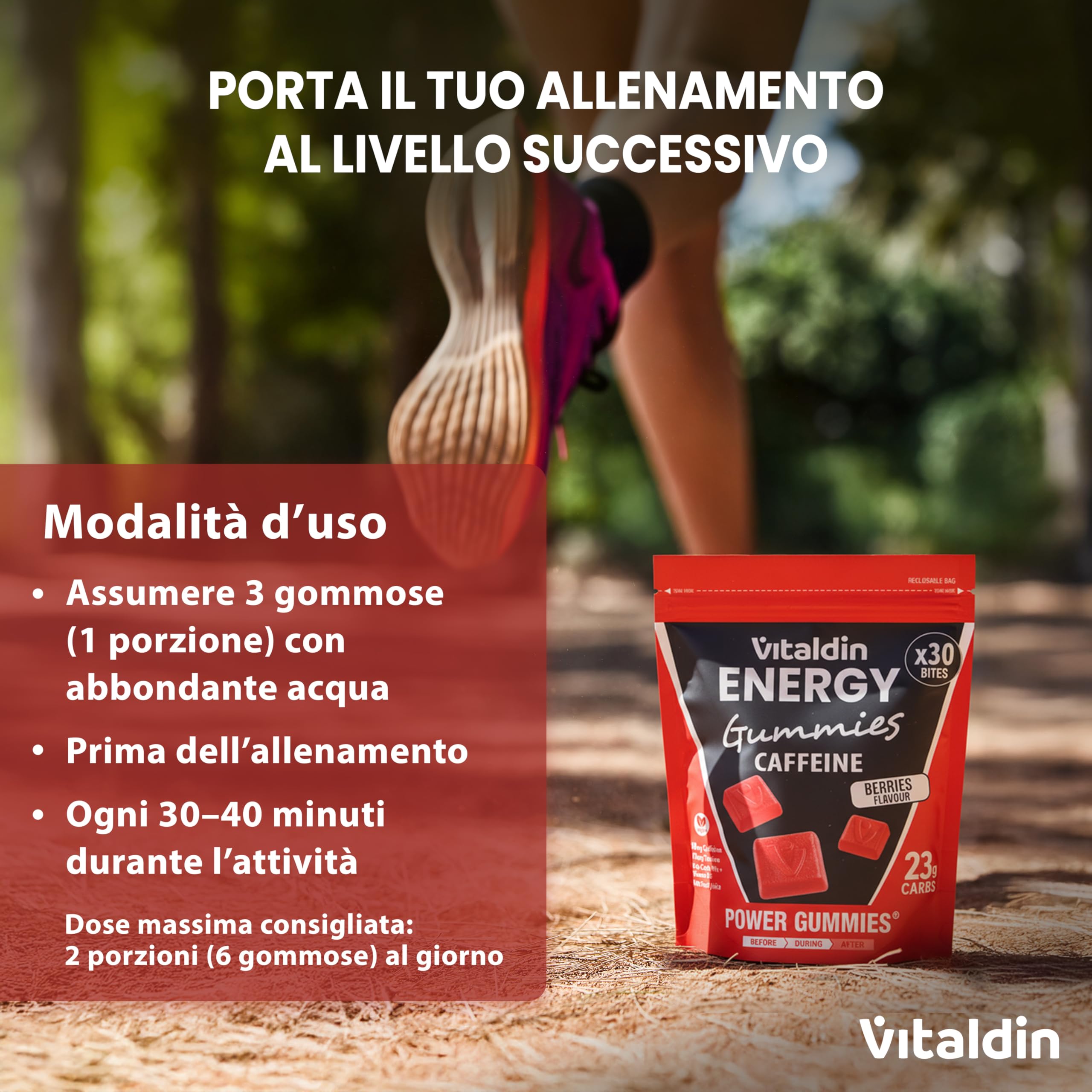 VITALDIN SPORT Power Gummies – 80 mg Caffeina, 40 mg Taurina per dose + Vitamina B6 – 30 Caramelle Gommose – Bites gusto Frutti Rossi – Vegano