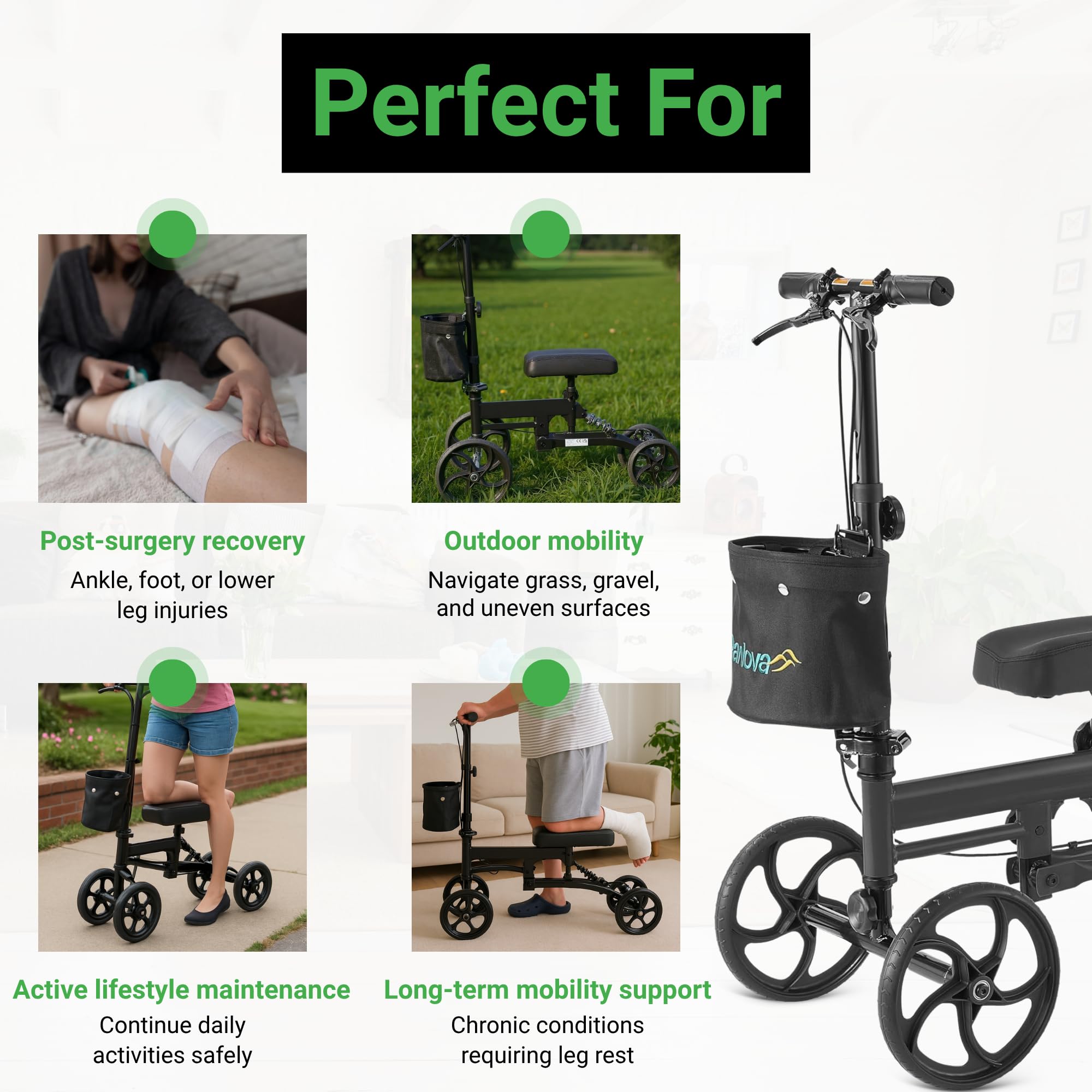Hulajnoga do kolan - Mobility Scooters Walkers - Regulowany medyczny składany chodzik - Składana hulajnoga - Torba do przechowywania - Chodzik - Wsparcie złamanych nóg - Czarny - Dla