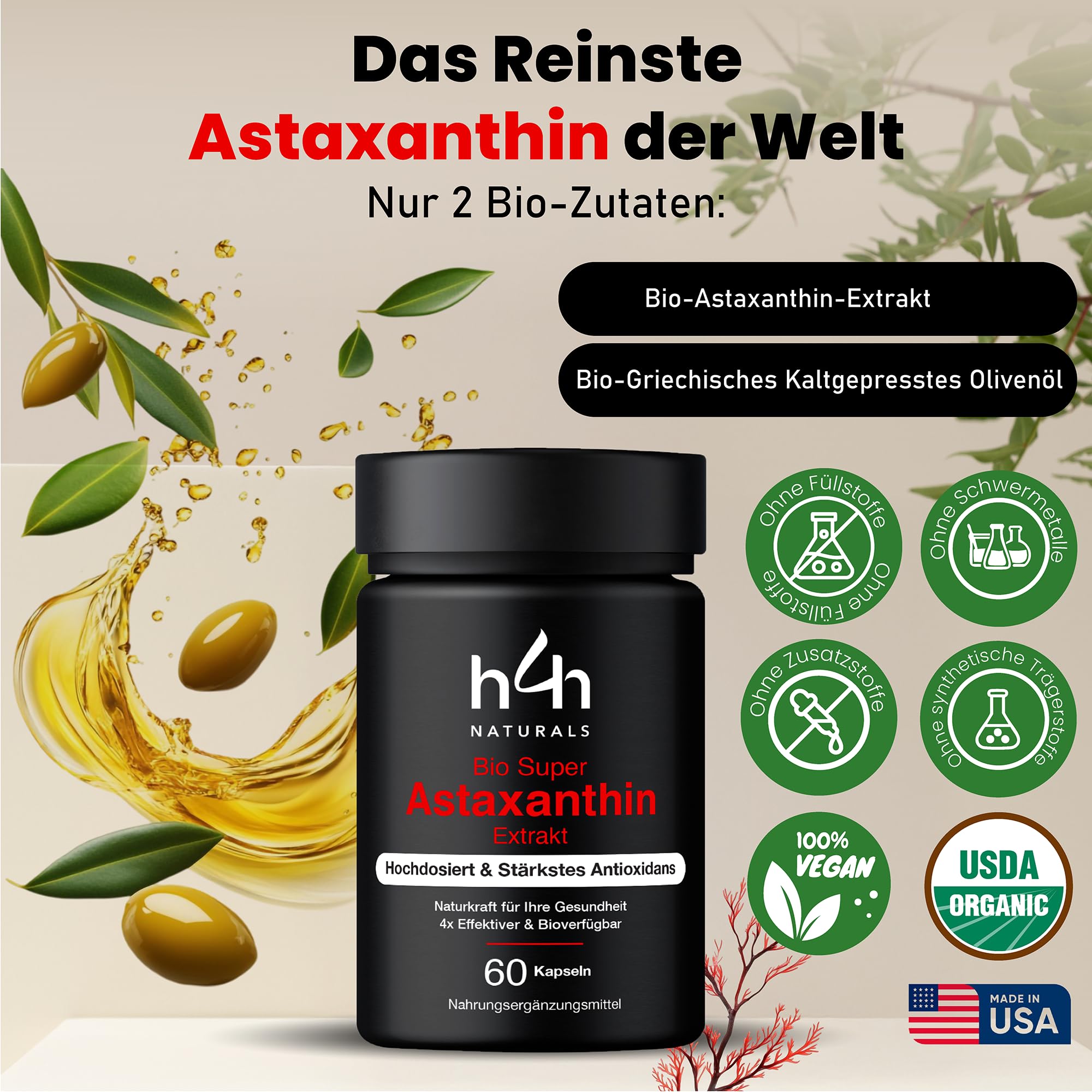 H4H Bio Super Astaxanthin – Hochdosiert mit 4x besserer Aufnahme | Mit Bio-Olivenöl aus Griechenland – Vegan, laborgeprüft & ohne Zusatzstoffe