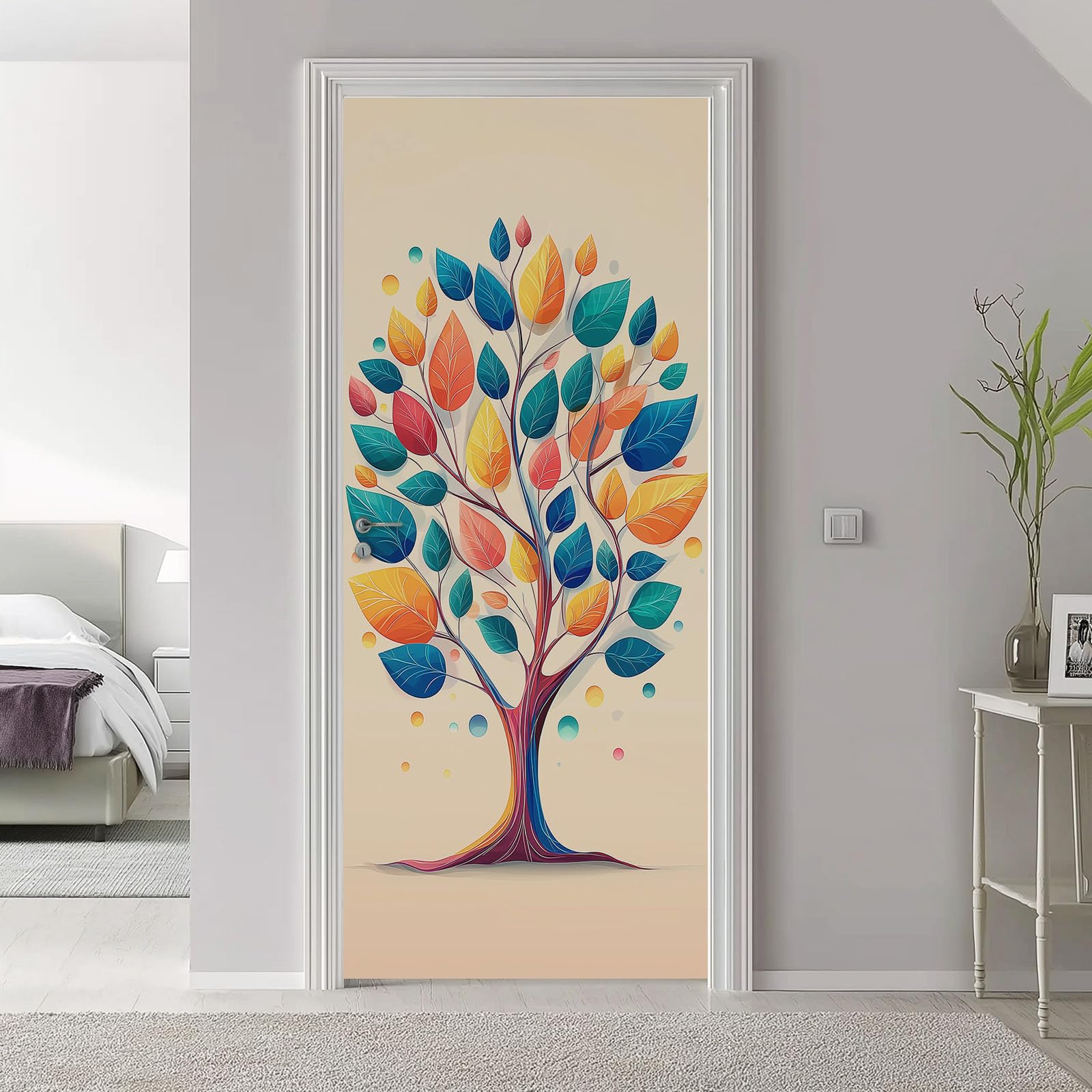 Prosta naklejka na drzwi, drzewo, 80 x 210 cm, roślina, drzewo życia, PCW, samoprzylepna, fototapeta, beżowa, wodoszczelna, winylowa, zdejmowana naklejka na drzwi, do łazienki, pokoju dziecięcego