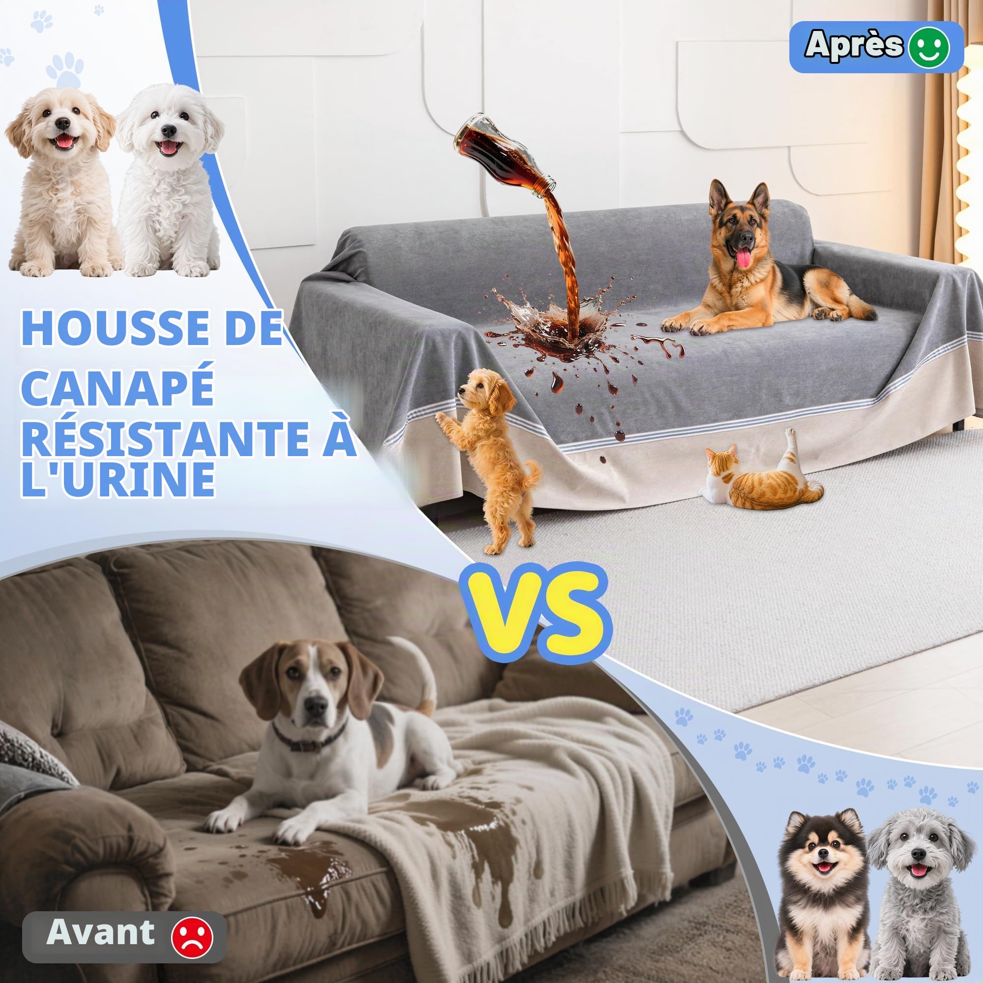 Loiion 100% Protège Canapé Imperméable, Protege Canape Chien, Housse de Canapé Anti Pipi, Housse de Canape Anti Dérapante, Anti-Griffes Protège pour Chiens Chats Animaux, Gris, 300x230cm