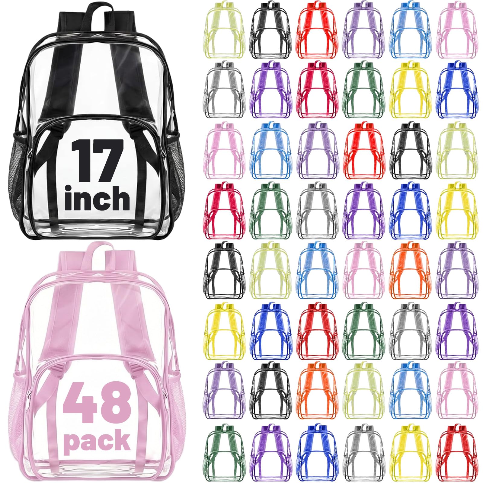 Amylove 48 Pcs Clear Backpack bulk for Stadium Events Heavy Duty PVC Transparent Bookbag for College Workplace Security (17 Inches,12 Colors)