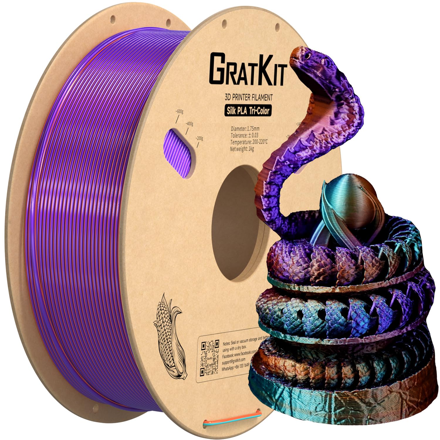 Gratkit Silk Tri-Color PLA Filament, 1.75mm, 1KG, Silk Purple Orange Green