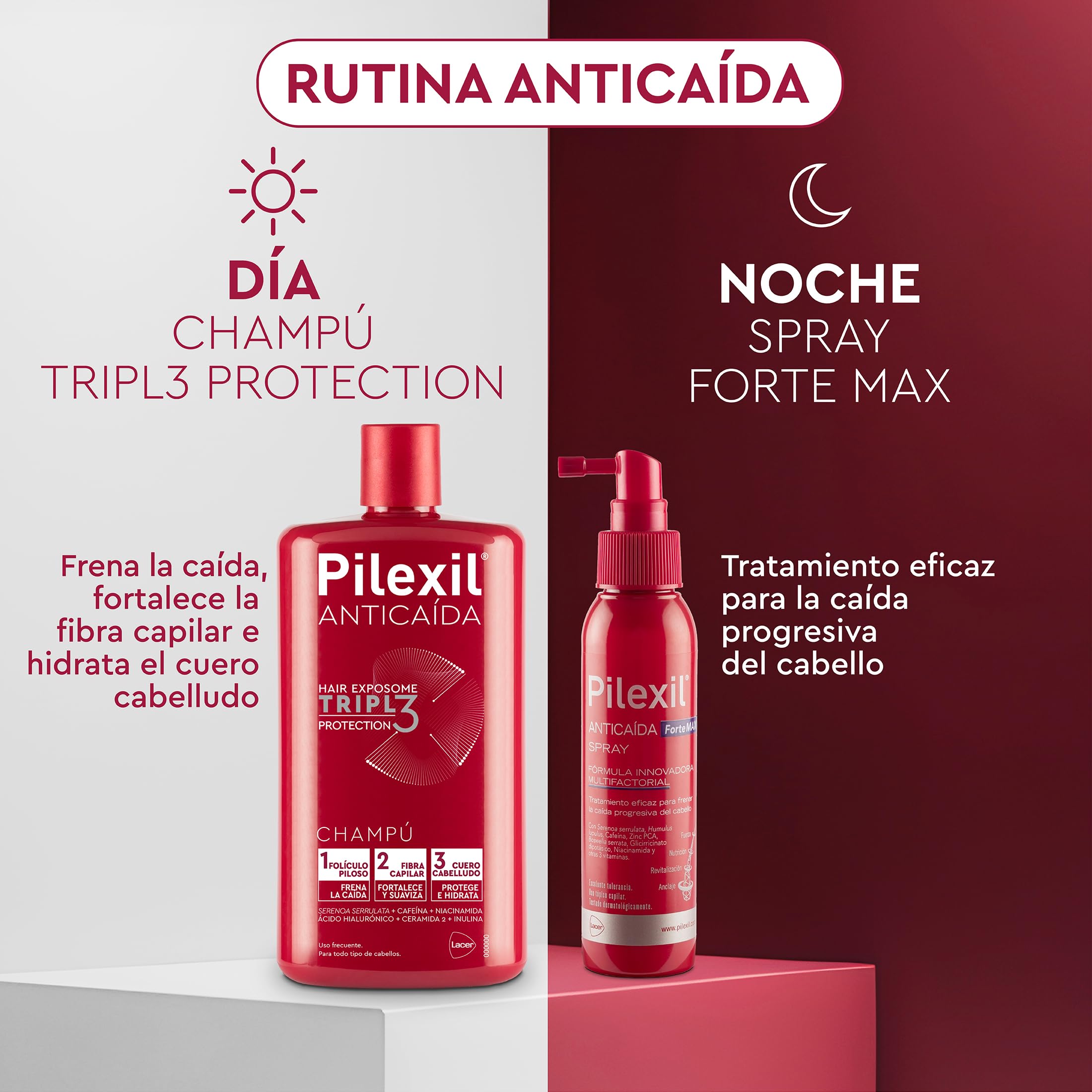 PILEXIL FORTE MAX - Spray Anticaída 120 ml, Tratamiento Uso Tópico para Caída Progresiva del Cabello - Con 4 Complejos, 5 Alfa, Nutricional, Antioxidante y Revitalizante - Para Hombres y Mujeres