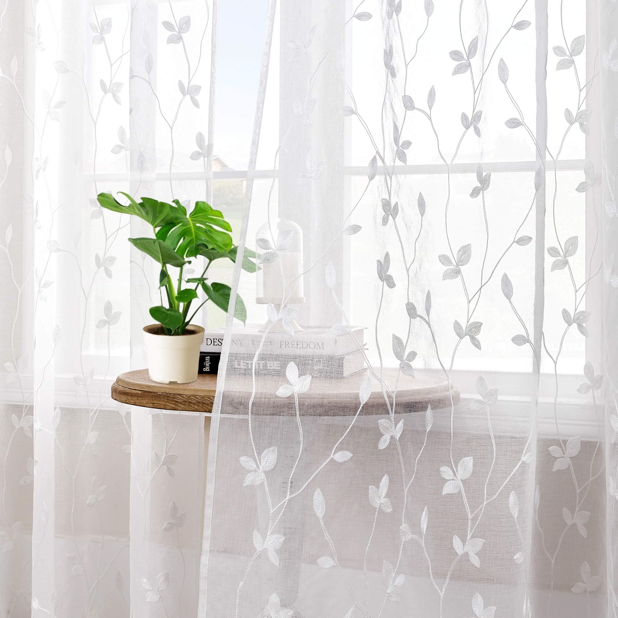 WUBODTI Leaf Embroidered Sheer White Curtains 54 Inch Length 2 Panels Set, Rod Pocket Light Filtering Faux Linen Leaves Patterned Short Curtains for Living Room Bedroom Small Window