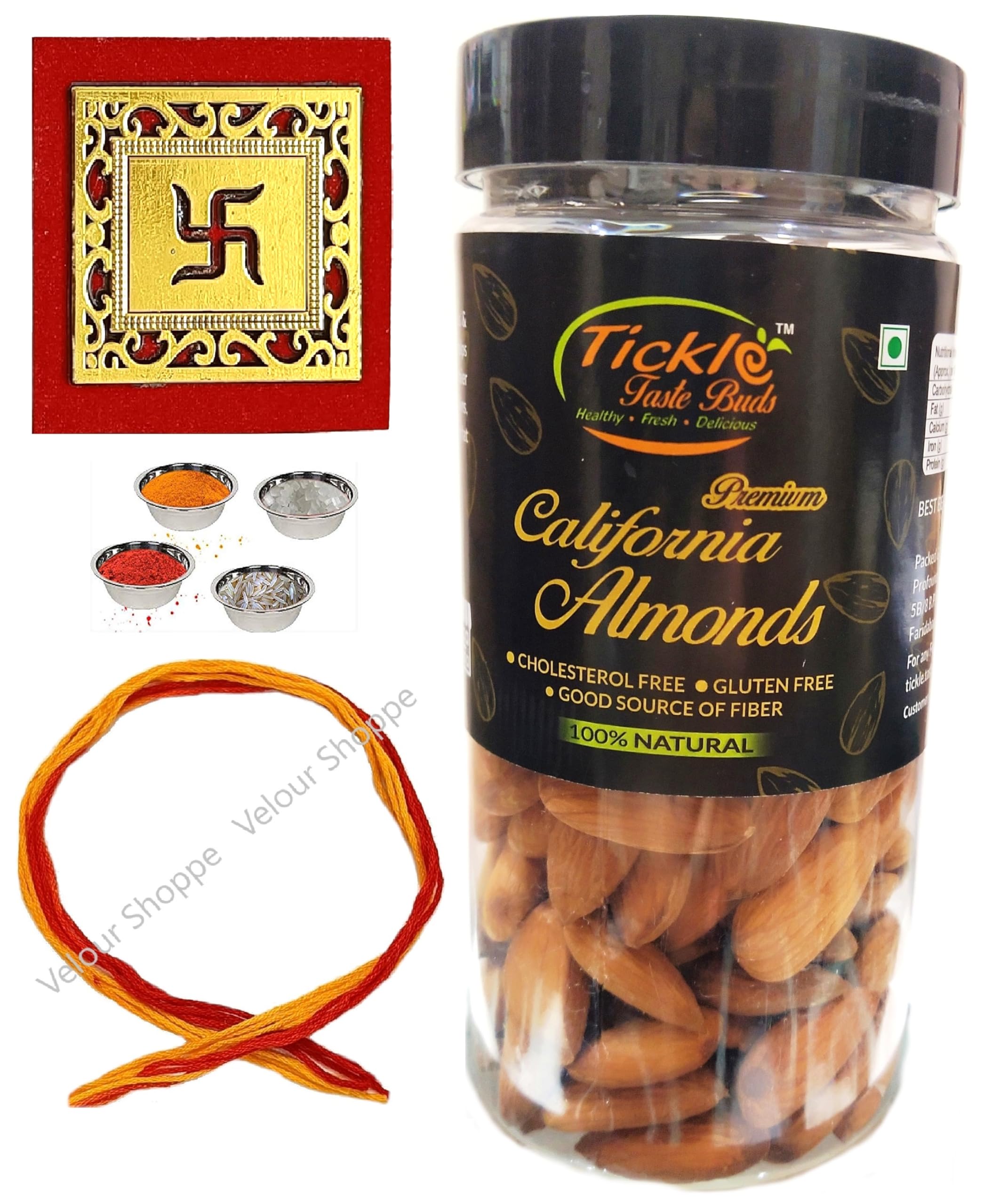 Bhai Dooj Gift Set for Brother - Badam Jar 250gms, Moli Thread, Roli, Chawal, Chandan, Mishri for Bhaiya Tikka & Personal Message (B0CLD4YDZ6) Amazon Price History, Amazon Price Tracker