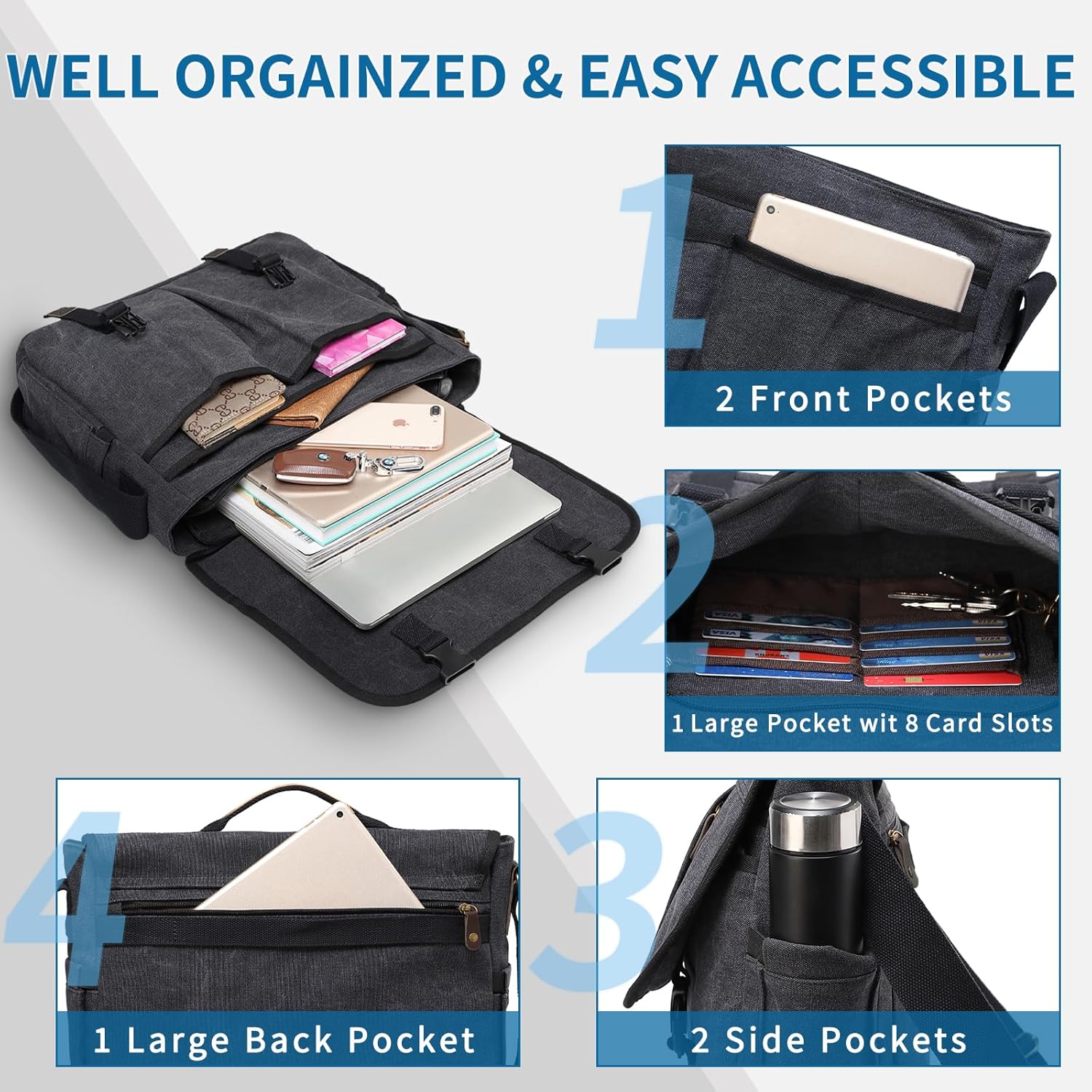 VX VONXURY 17 Inch Laptop Bag Mens Messenger Bag,Large Water Resistant Canvas Multipocket Satchel Shoulder Bag for Men, Business, Work, Travel, College - Image 6