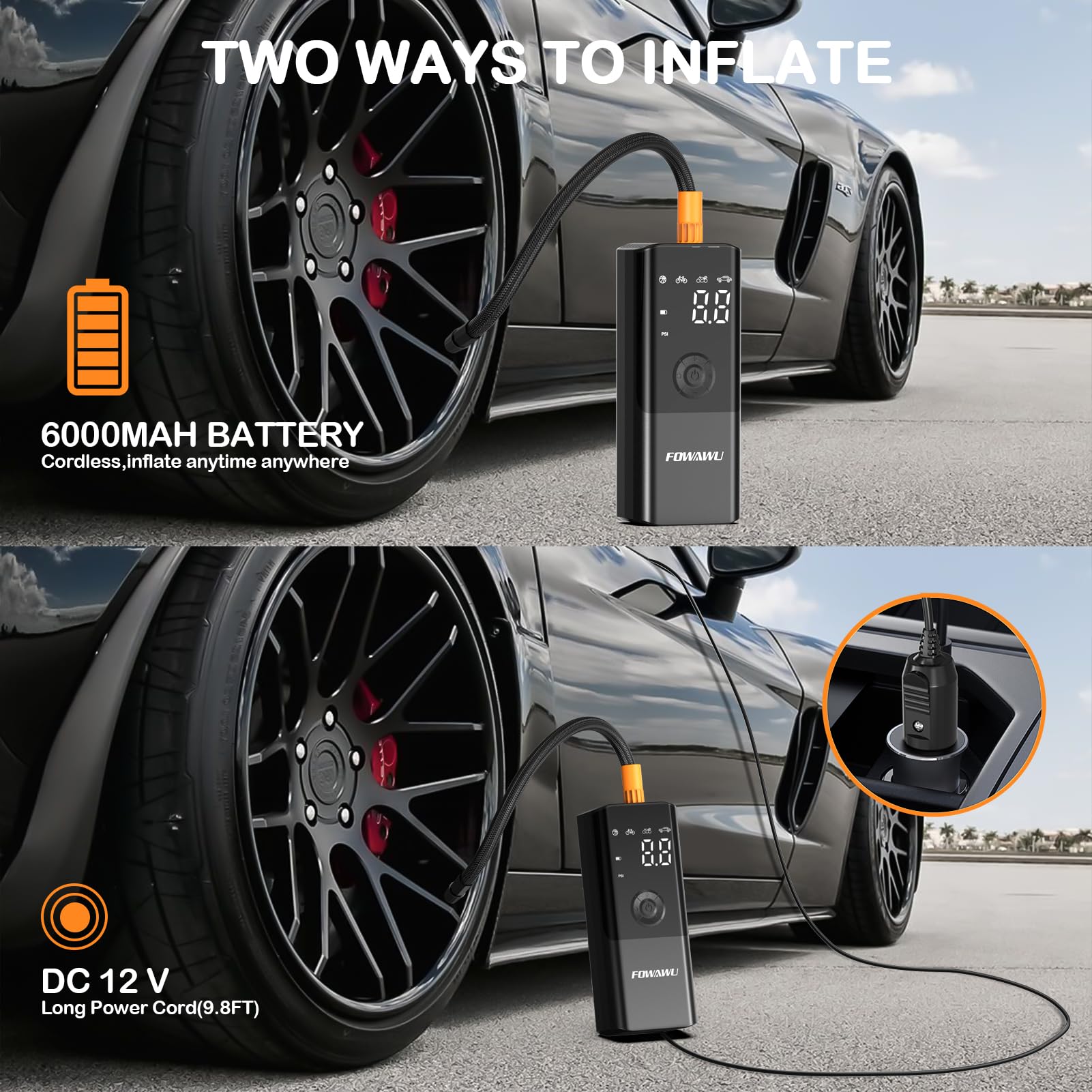 FOWAWU 150 PSI Portable Air Compressor, Cordless Tyre Inflator for Car Moto Bike Ball, Rechargeable Battery Car Tyre Pump, Dual-screen LED Dispaly, Auto Shut Off