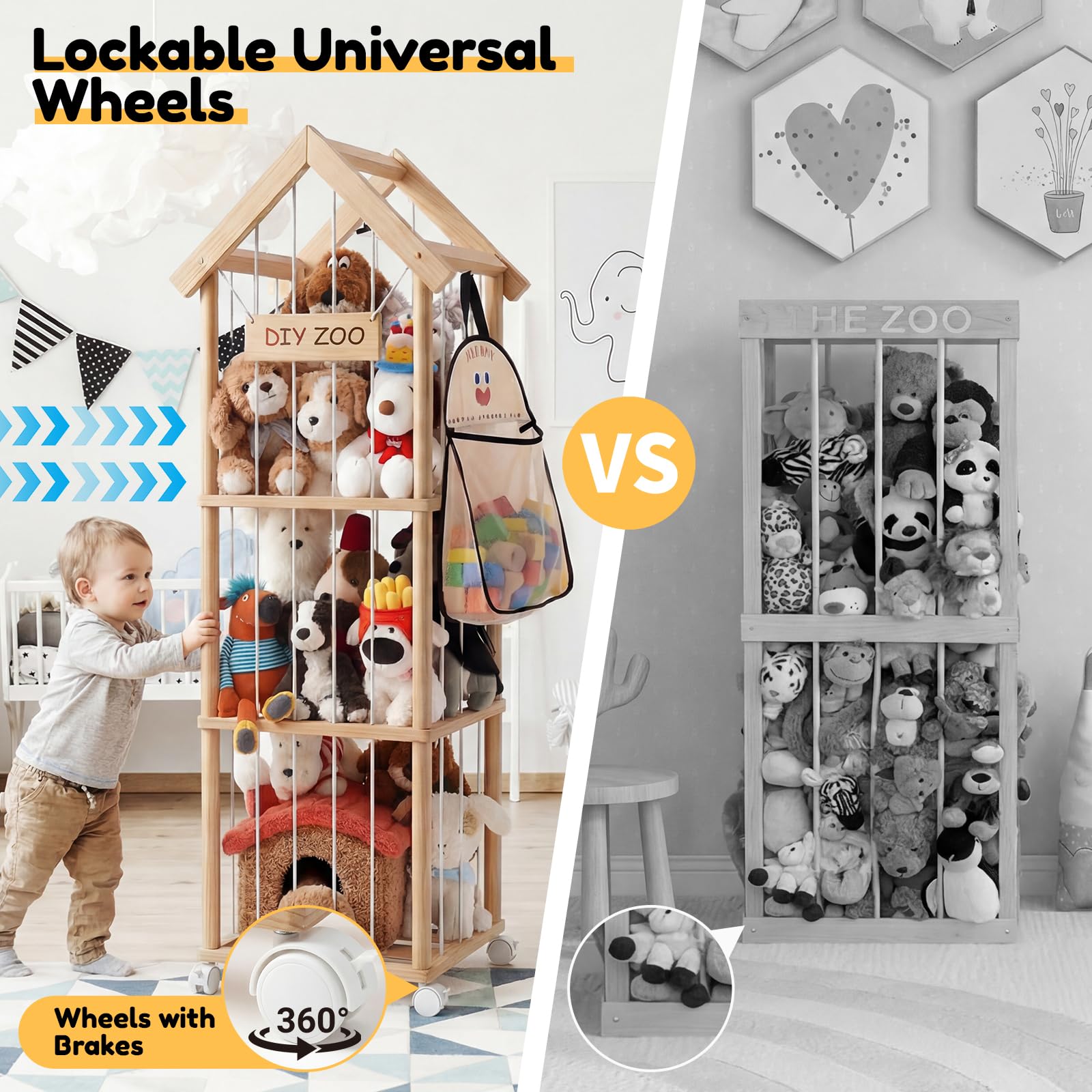 Kuscheltier Aufbewahrung, Holz Stofftier Aufbewahrung, 146 * 42 * 42CM Plüschtier Lagerung Organizer Mit 360°Bremse-Ausgestattete Räder für Spielzimmer, Kinderzimmer, Schlafzimmer, Mit Dach