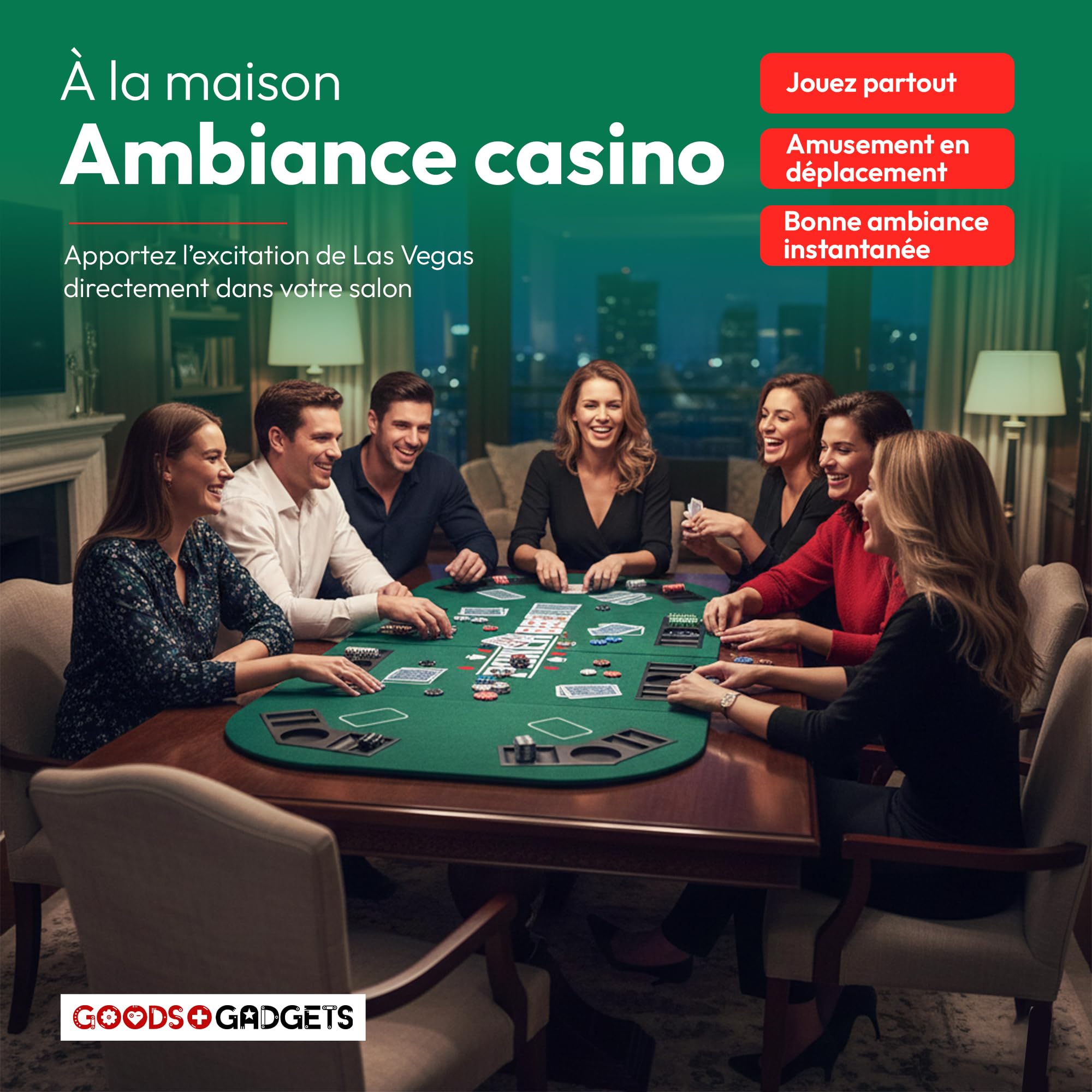GOODS+GADGETS® Tapis de Poker XXL 160x80 cm Pliable - 8 Joueurs | Tapis de table poker en feutre haute qualité - porte-gobelets intégrés - Texas Hold'em - pliable 80x40 cm