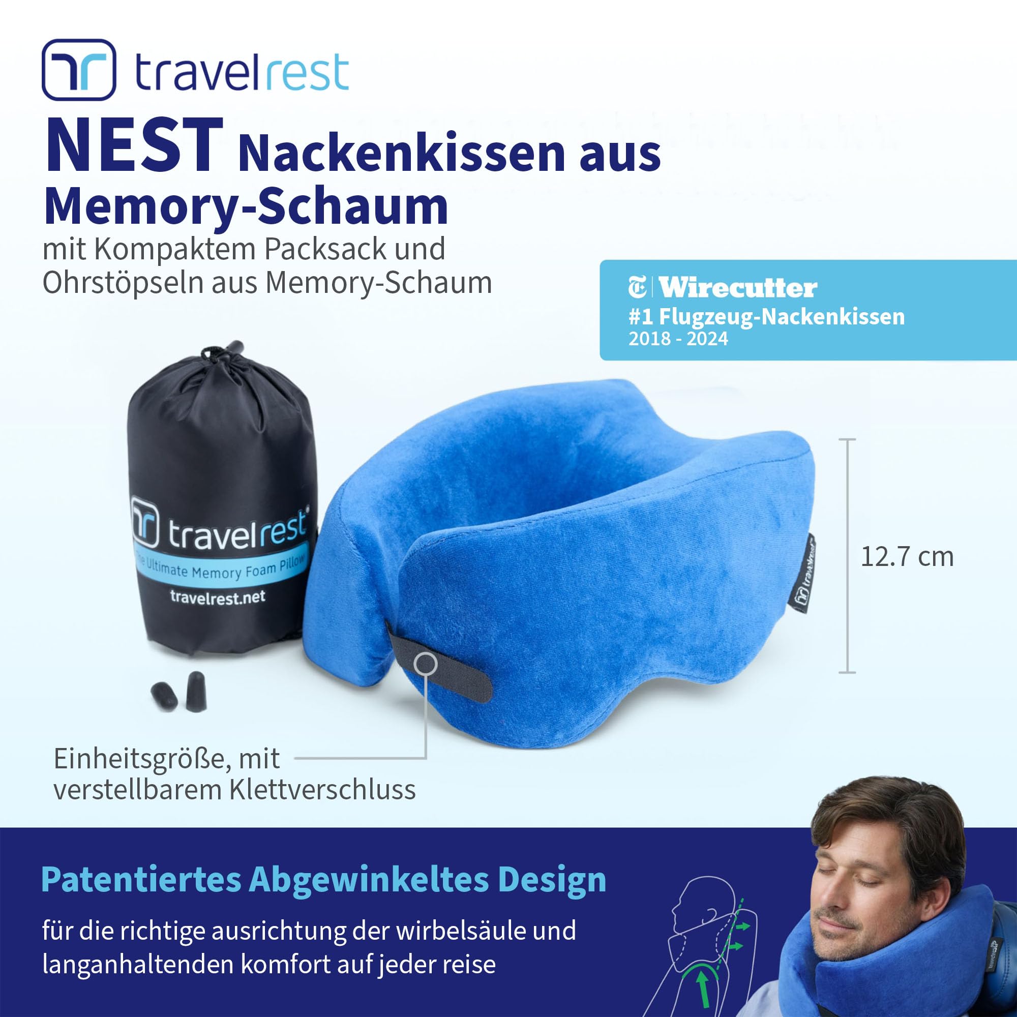 travelrest Nest Memory Foam Reisekissen Nackenkissen, waschbar – von NYTimes Wirecutter zum besten Reisekissen für 2026 gewählt – waschbar – lässt Sich auf 1/4 Seiner Größe zusammenpacken