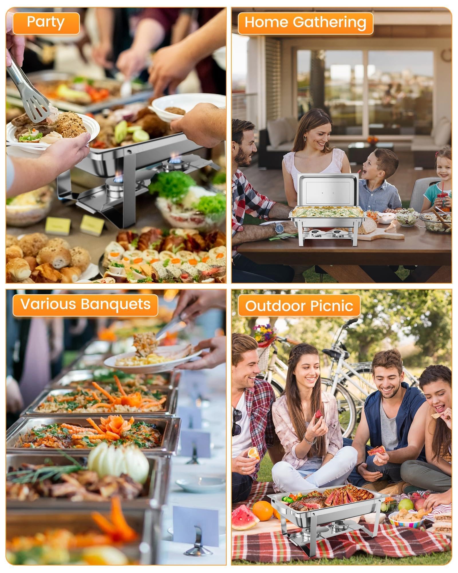 Chafing Dish Buffet Set 9L, 4-teilig, Rechteckige Edelstahl Warmhaltebehälter mit Wasserbehälter, Deckelhalter, Brenner, Professionelle Speisewärmer für Buffet, Catering, Bankett