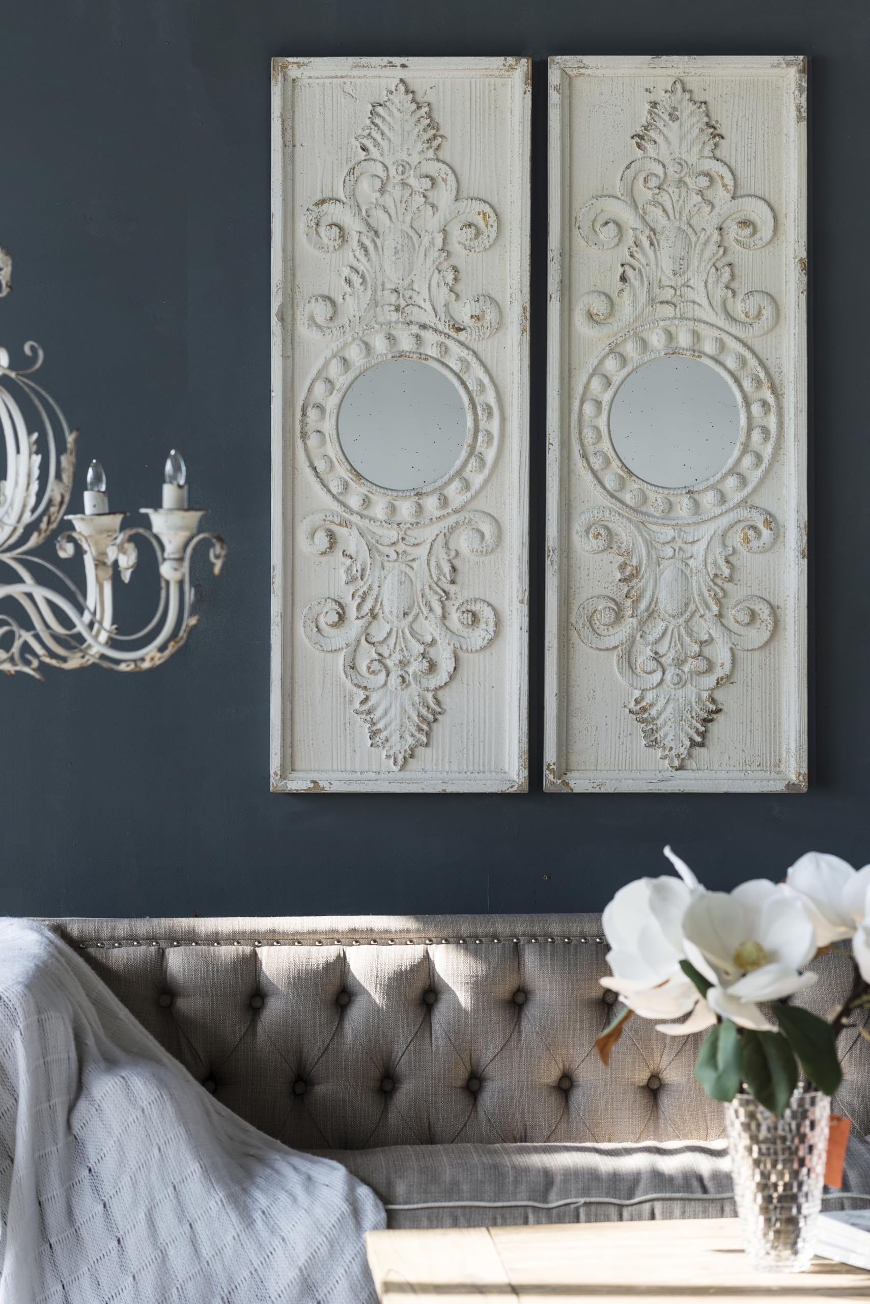 GOWE Set of 2 Large Wooden Wall Art Panels with Distressed White Finish and Round Mirror Accents,17