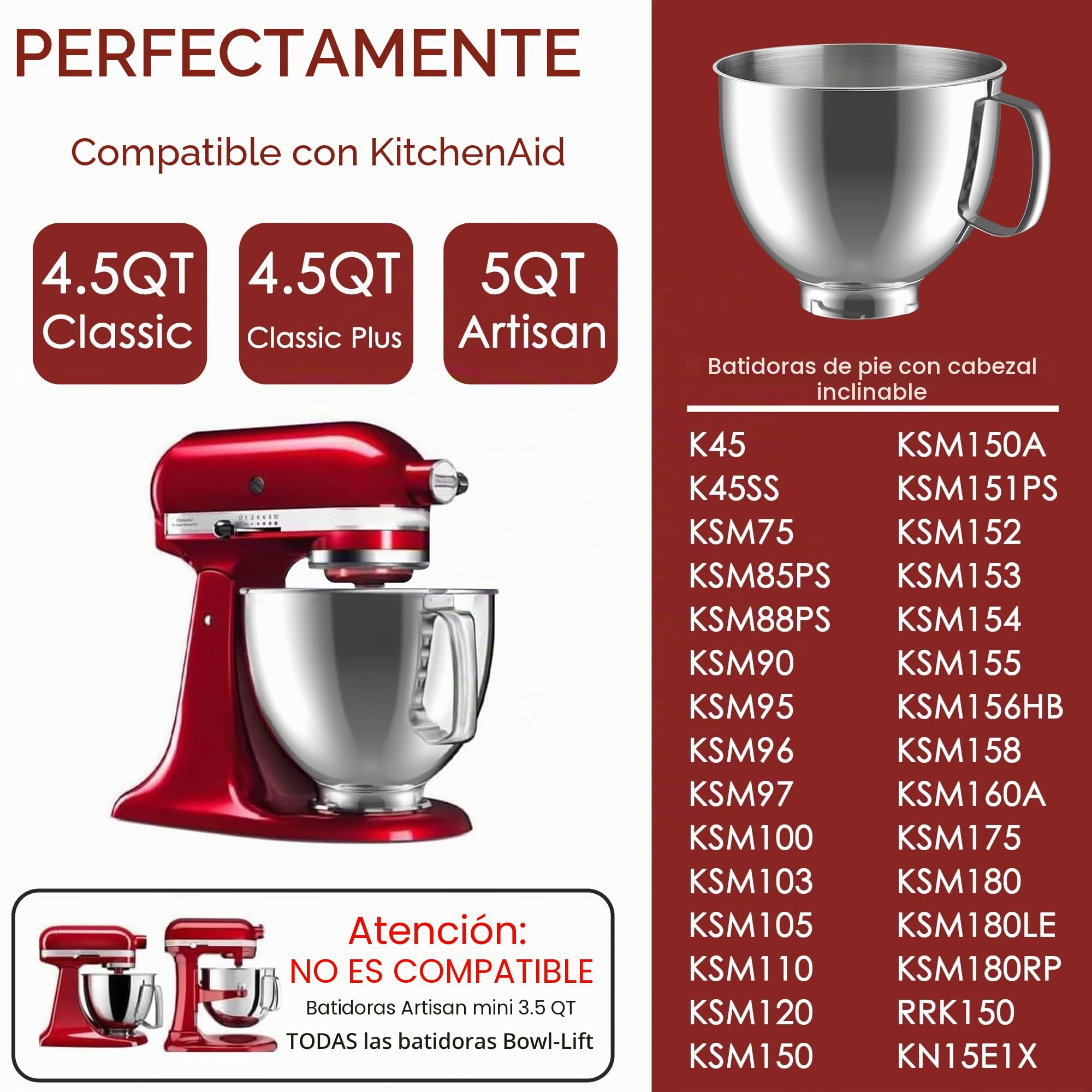 KITOART Cuenco mezclador de acero inoxidable para KitchenAid de 4.5 cuartos / 5 cuartos de galón, mezclador de acero inoxidable KSM150