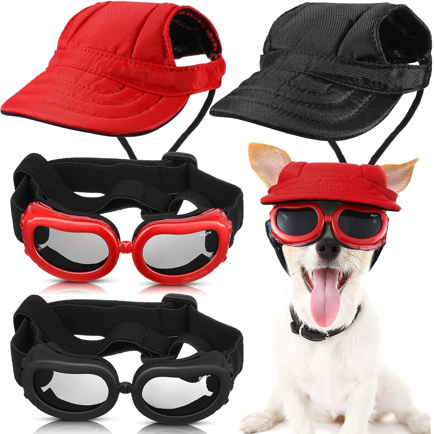 2 Pieces Baseball Pet Cap 4.3 Inch Diameter Dog Hat Visor Sunbonnet Outfit with Ear Holes and Adjustable Chin Strap, Cool Dog Goggles…
