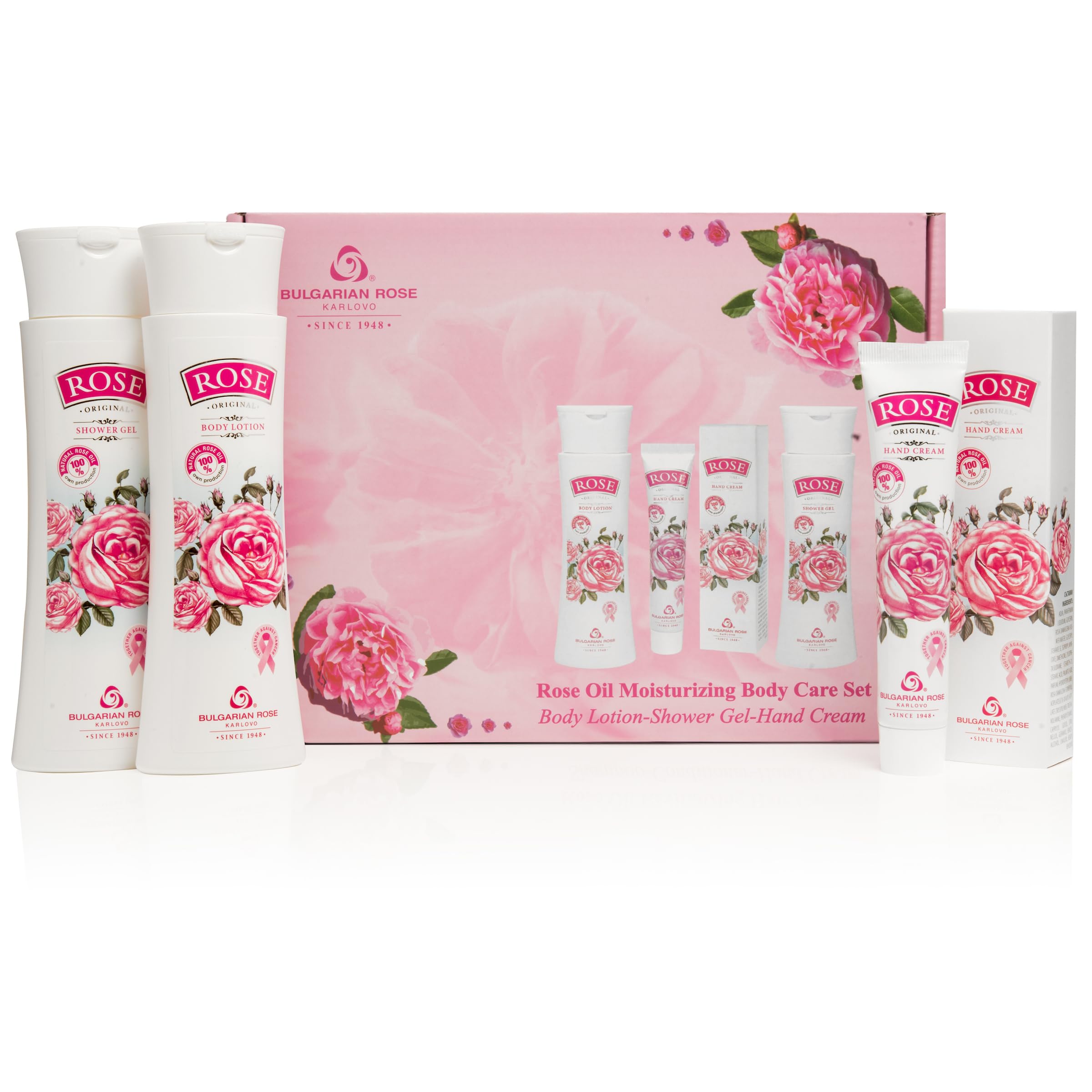 Bulgarian Rose Oil Moisturizing Body Care 3 Piece Gift Set - Natural Rose Body Lotion for Soft and Smooth Skin, Moisturizing Shower Gel and Hand Cream