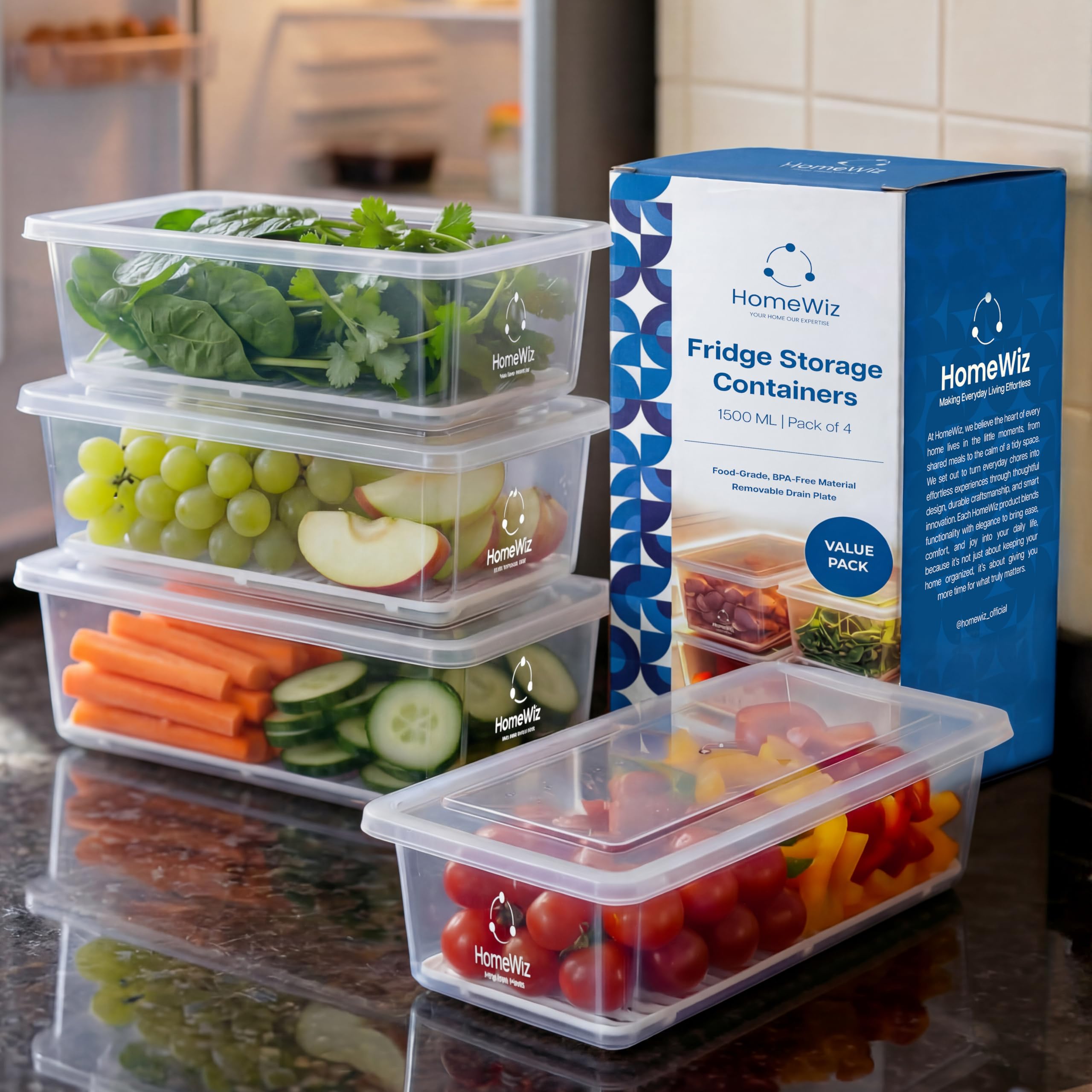 HomeWiz Fridge Storage Containers (Pack of 4) 1500ML Each | With Lids & Removable Drain Plate | Stackable Fridge Organizer for Fruits & Vegetables | Kitchen Storage Box