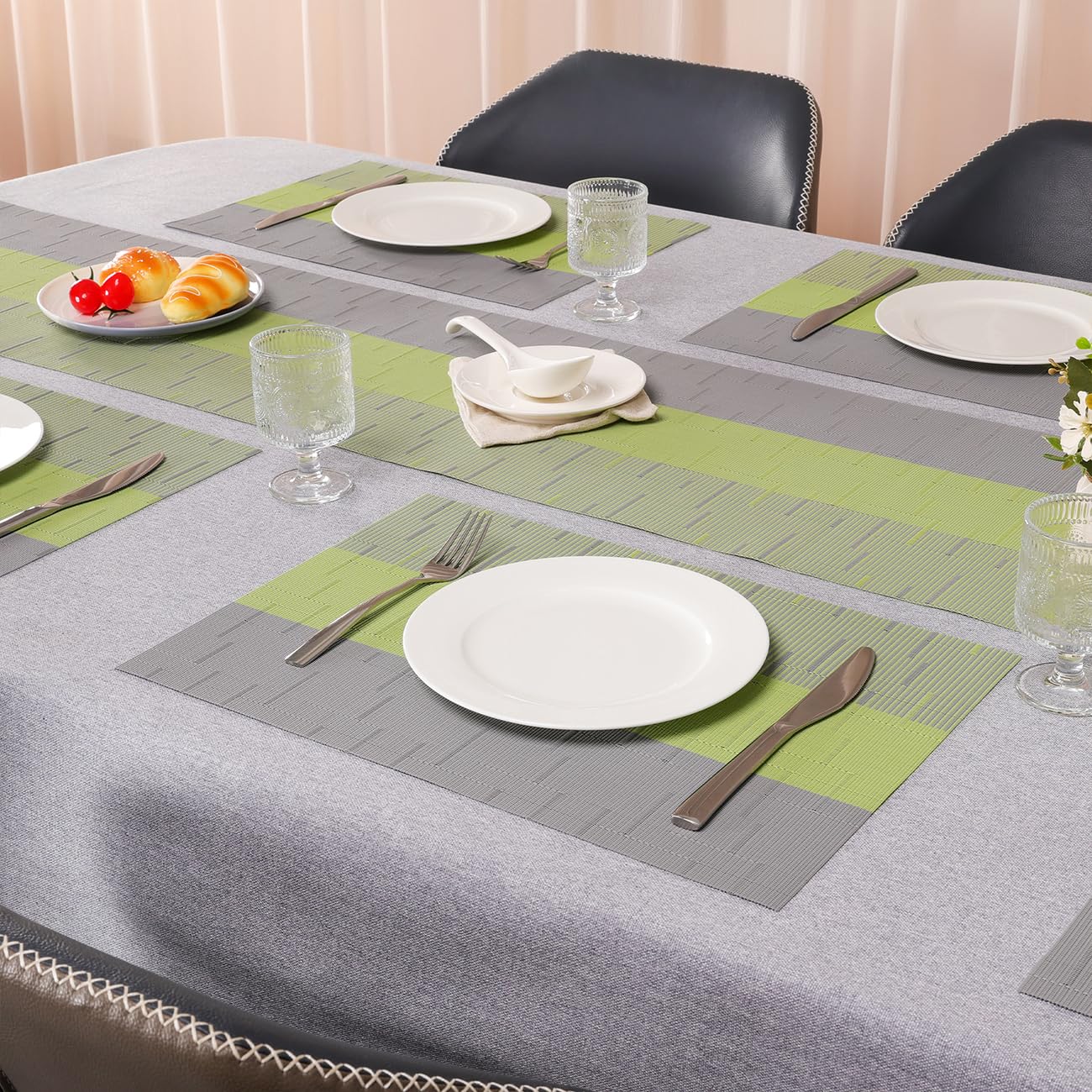 Chitomars Placemats Set of 8, Vinyl Woven Heat-Resistant Place Mats, Grey Grass Green - Image 3