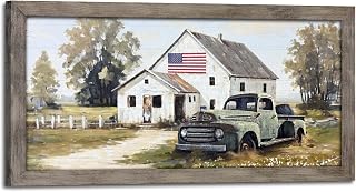 Rustic Barn Wood Wall Art: Farmhouse America Flag Framed Picture Decor Farm Country Truck Print Artwork Countryside Rural Landscape Painting for Home Living Room Bedroom