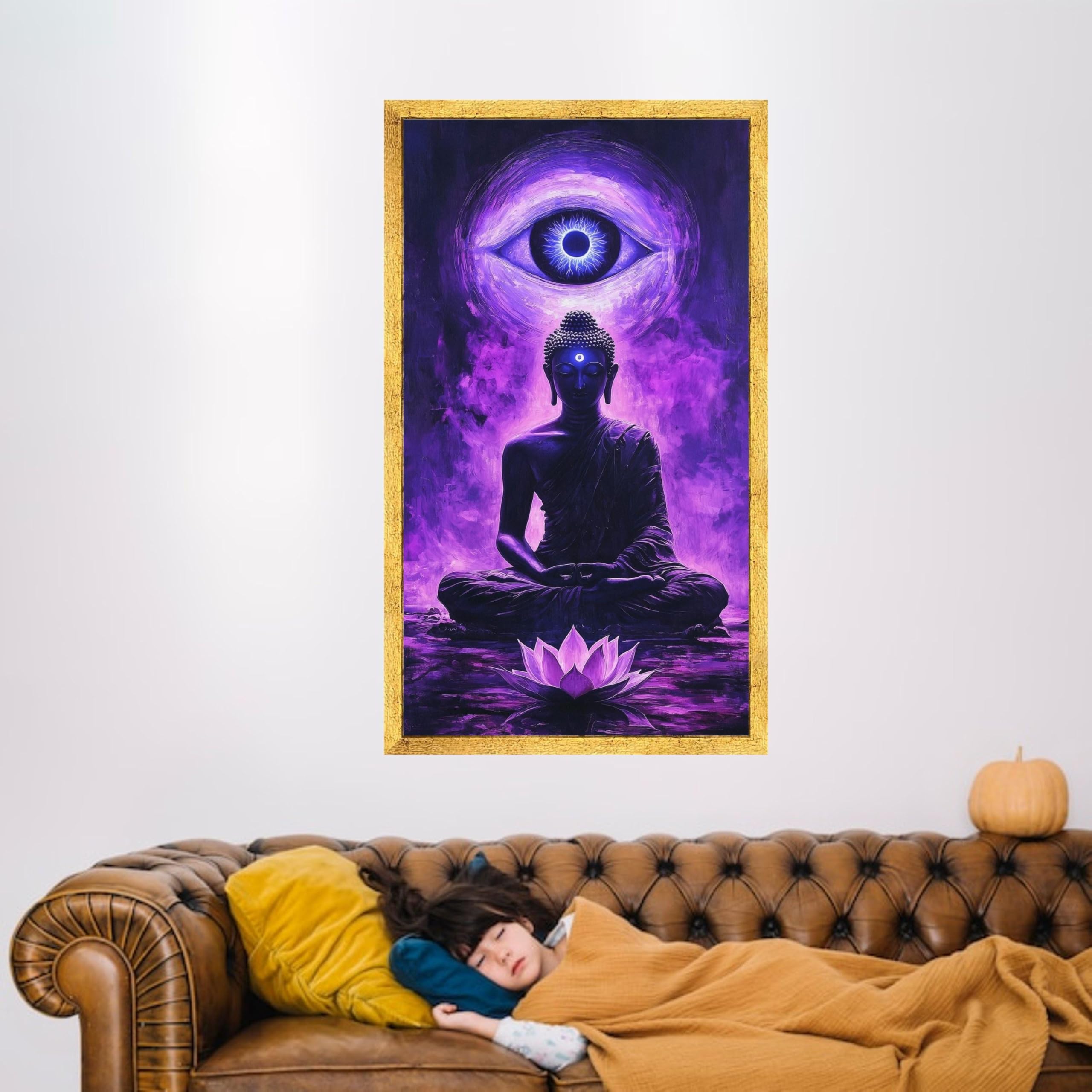 Buddha Meditation Canvas Wall Art, Third Eye Spiritual Painting, Purple Lotus Bloom, Zen Home Decor, Mindfulness Artwork (80 x 150 cm)