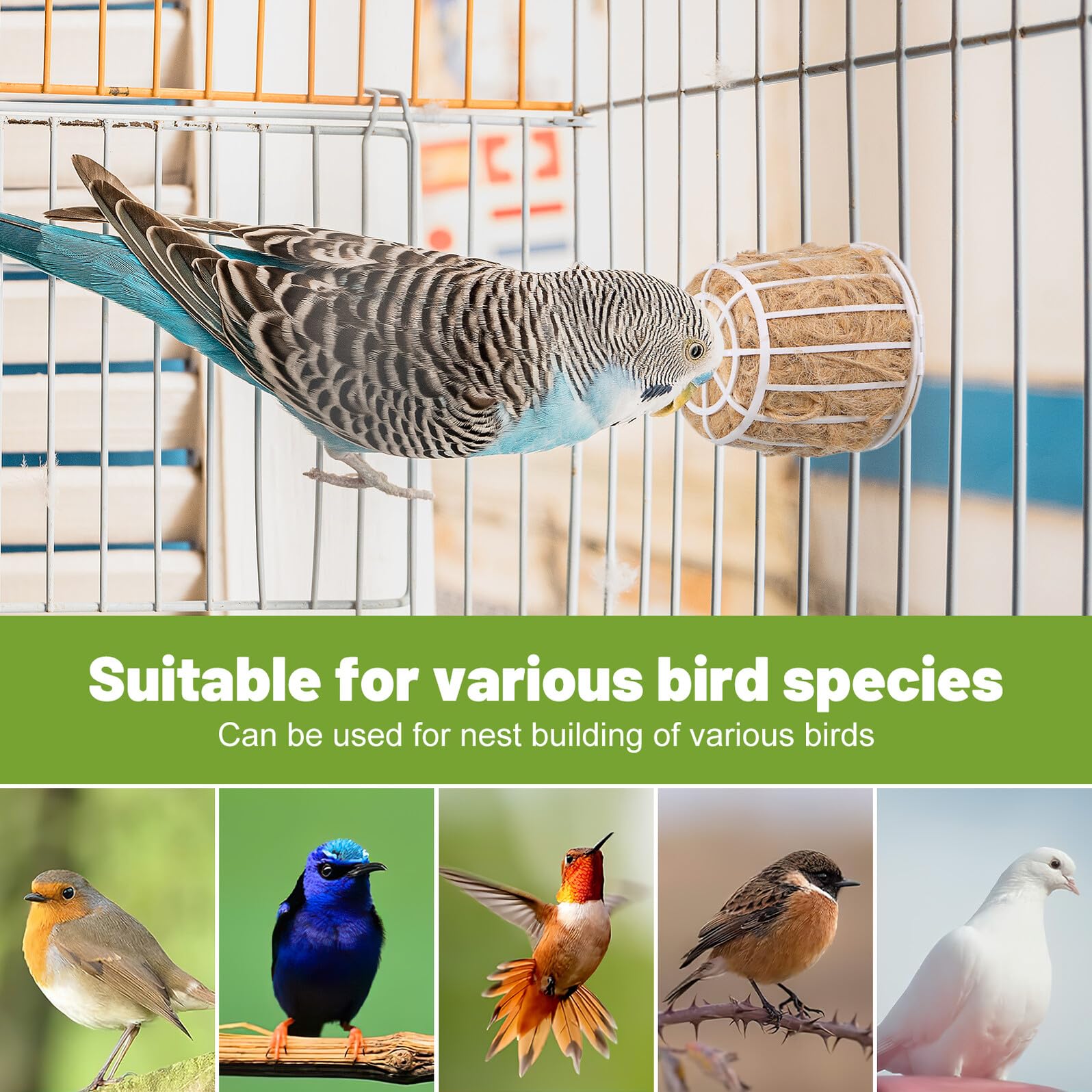 Homoyoyo Nid d'oiseau en coton et jute durable avec panier - Matériau de nid sûr pour canaris, perruches et petits oiseaux - Accessoire de construction naturel