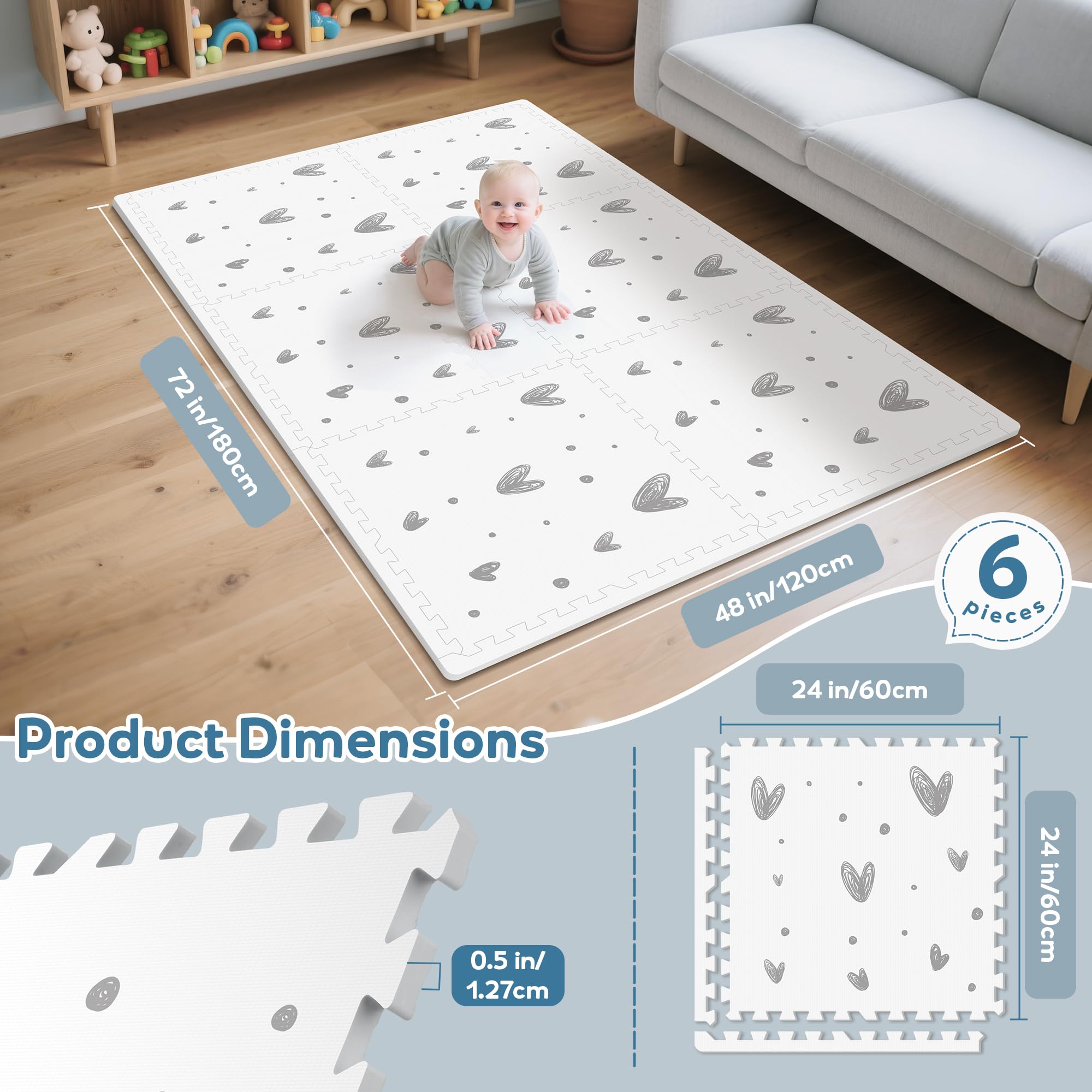 PIGLOG XL Baby Play Mat-72”x 48” Puzzle Play Mat,with 6 Foam Floor Tiles,Interlocking Foam Baby Mat for Babies&Toddlers,Waterproof,Expandable Tiles with Edges,Tummy Time Mat(Love)