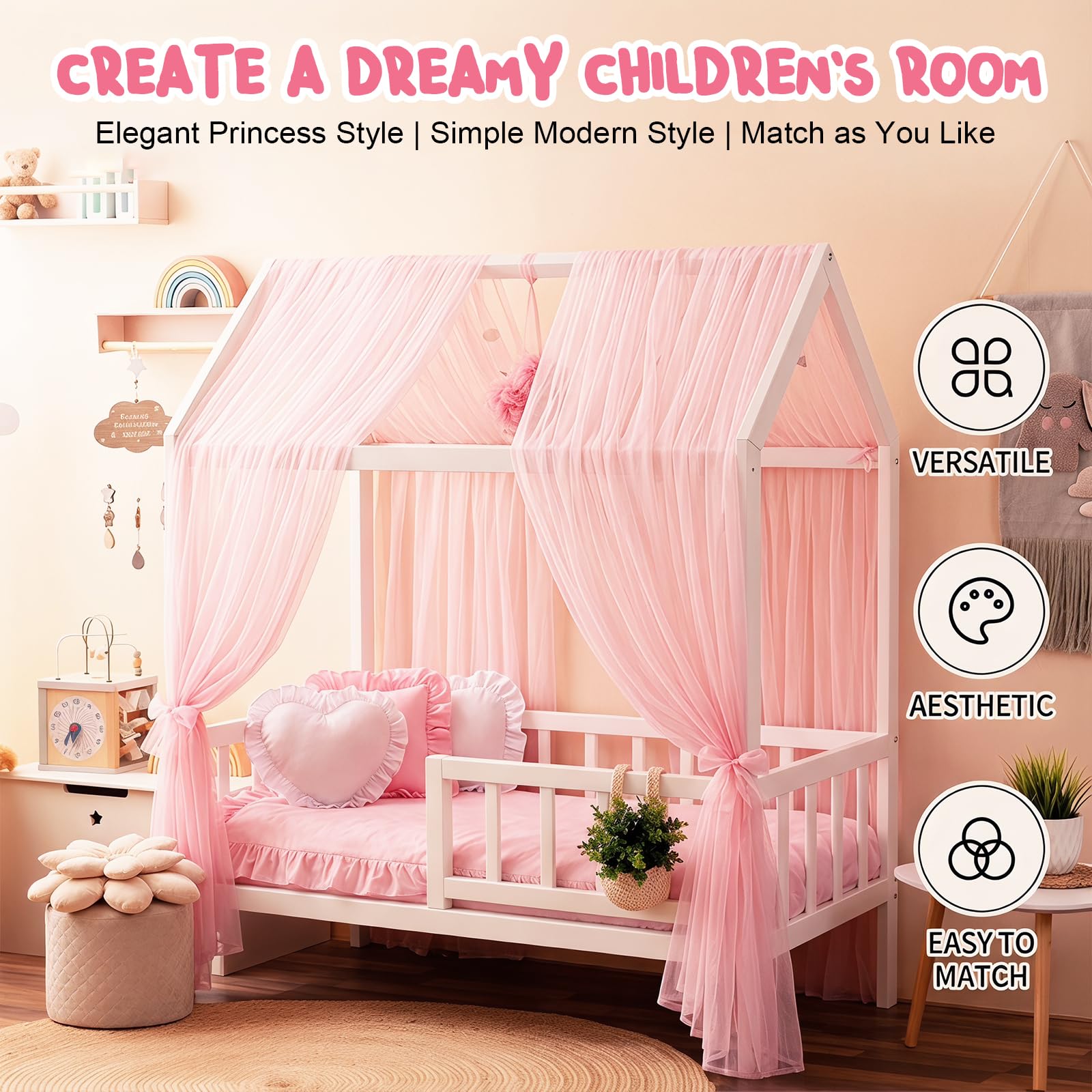CEWROM Set di 2 tende a baldacchino per letto a baldacchino in tulle, decorazione e baldacchino per lettino, per bambine e ragazzi, 150 x 350 cm (rosa)