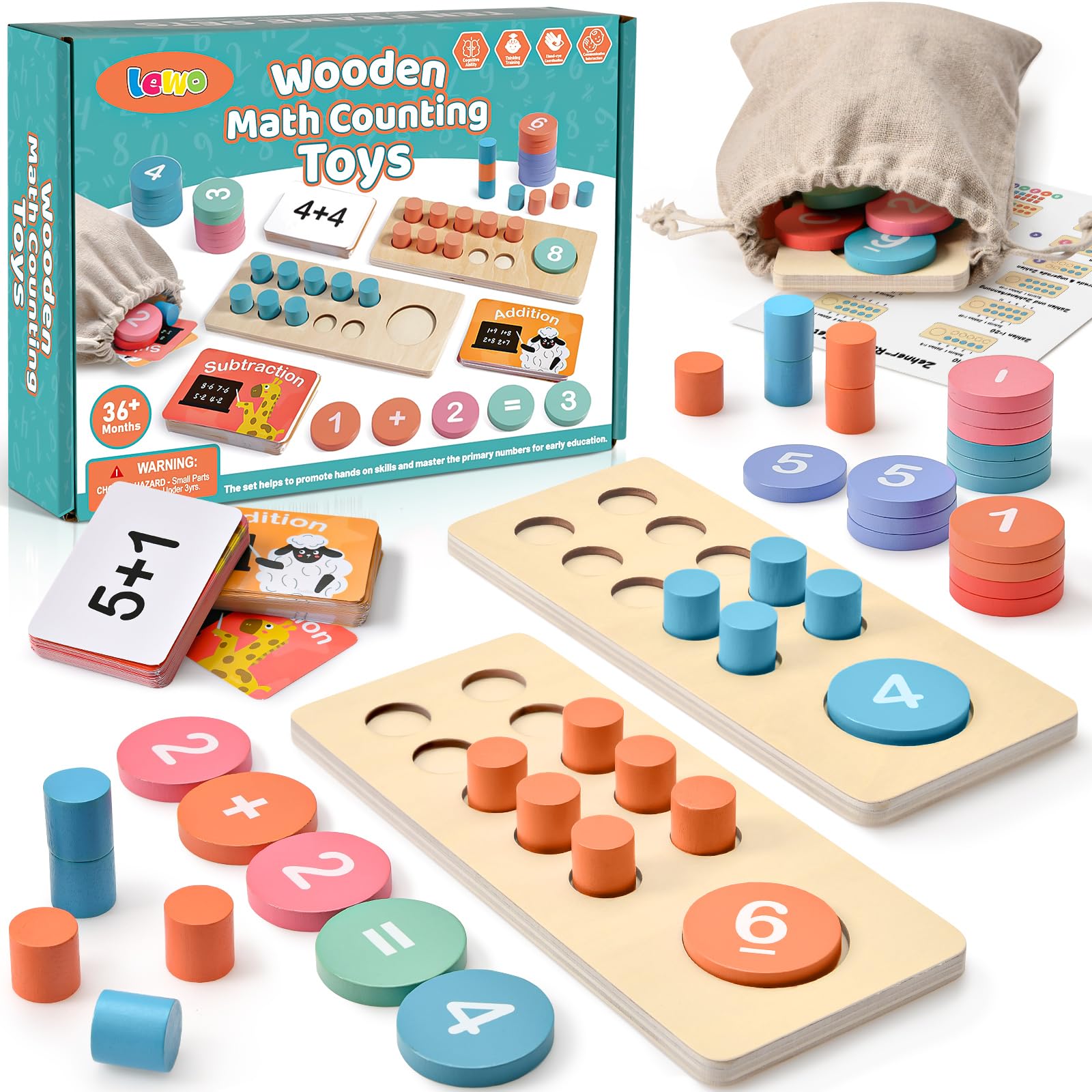 Lewo Wooden Montessori Math Manipulatives Preschool Toys, 1 to 20 Addition and Subtraction Games with Ten Frame/Number Flashcard, Educational Learning Counting Peg Board for Toddlers 3 4 5 Year Old