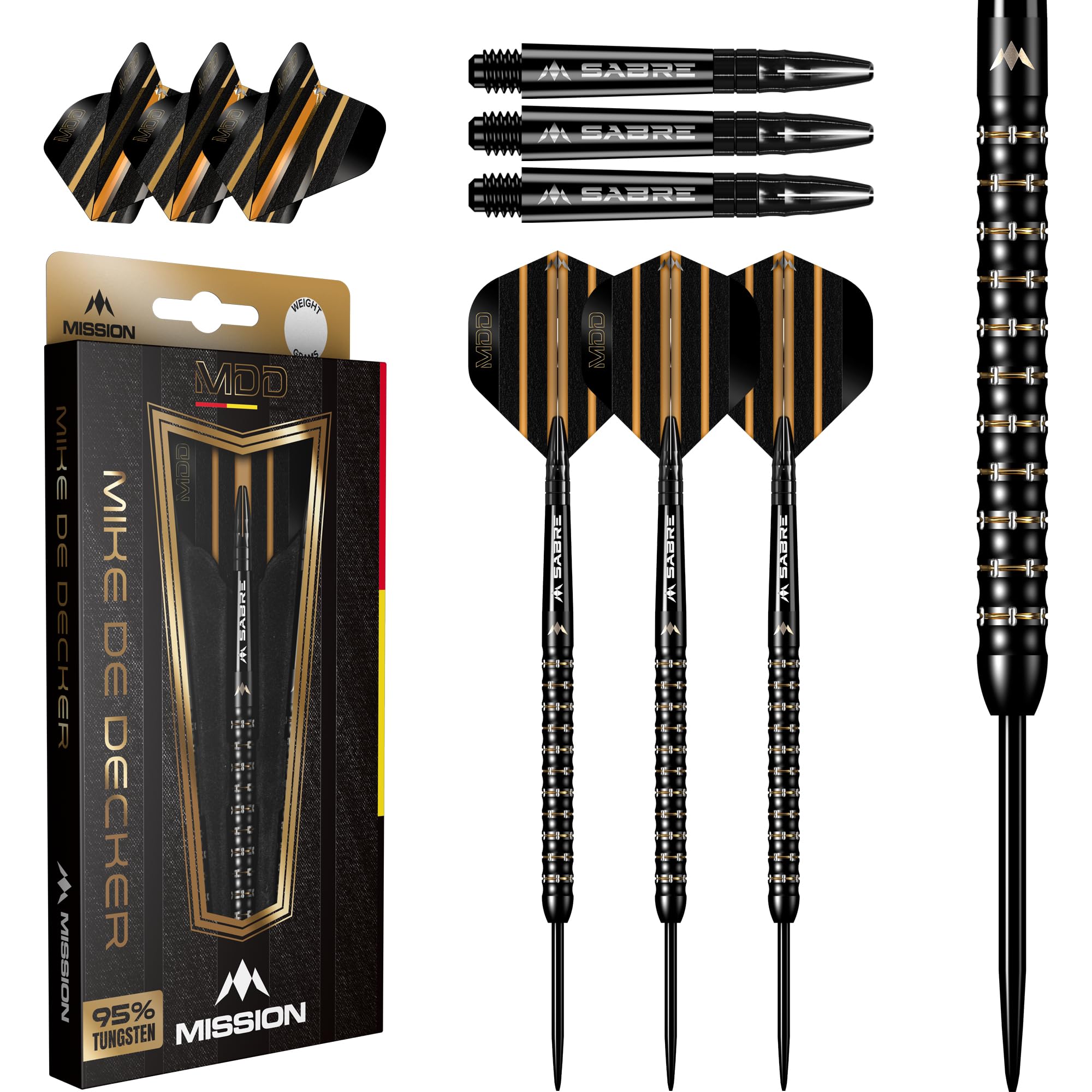 Mission Darts | Mike De Decker Darts | Steel Tip | 95% Tungsten | Black & Gold PVD | Available in Multiple Weights. (22.0, Grams)