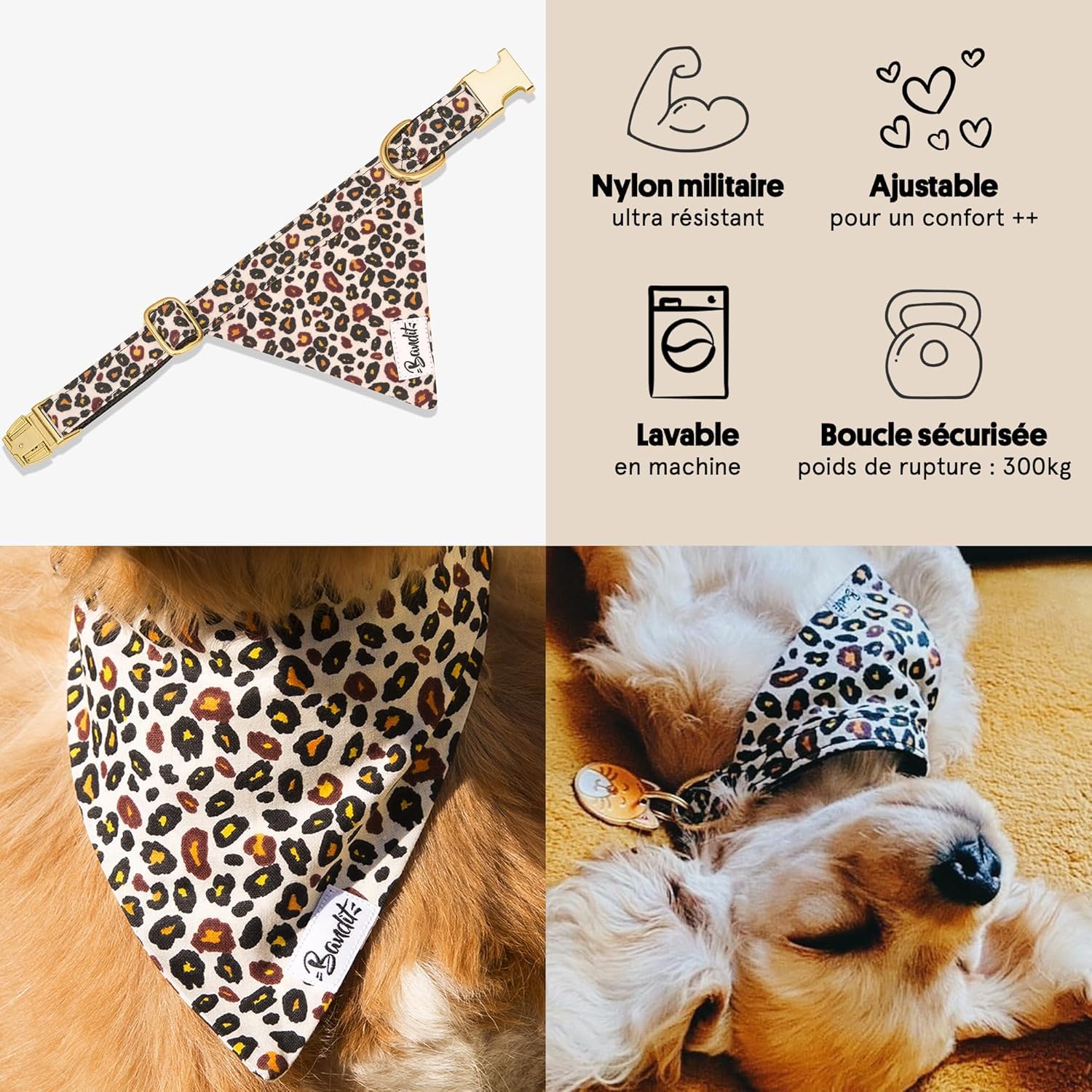 Bandit - Bandana pour Chien - Taille M -Wild Wild Wouf - Tour de Cou 30–38 cm - Attache pour Laisse intégrée - Foulard en Nylon résistant et Doux - Confortable, Durable et Lavable en Machine
