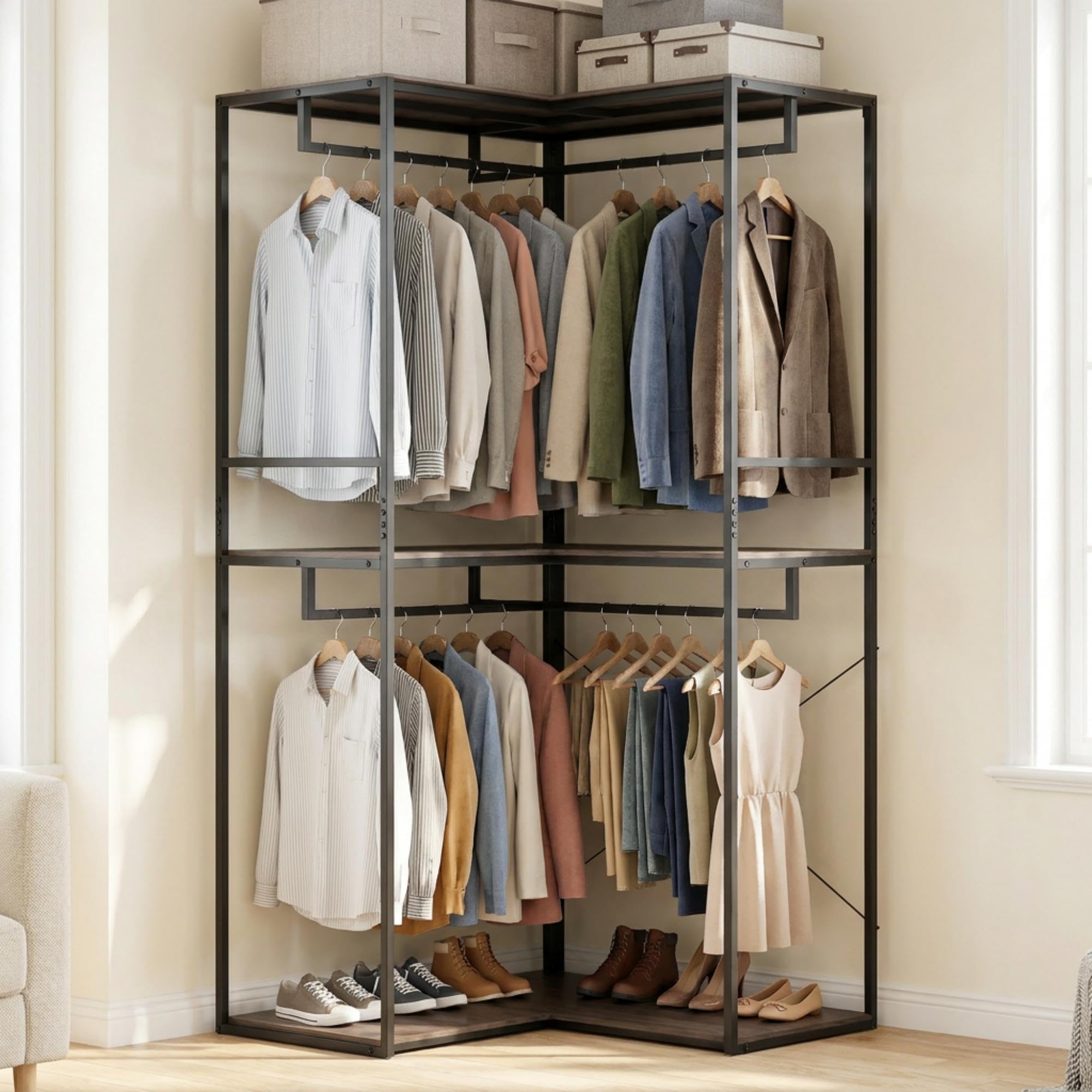 HOMASIS Stand Appendiabiti Angolare, Attaccapanni da Terra con 3 Ripiani Aperti, 4 Barre Portabiti, Guardaroba Industriale con Struttura in Metallo per Ingresso e Camera da Letto, 100 x 100 x 200 cm